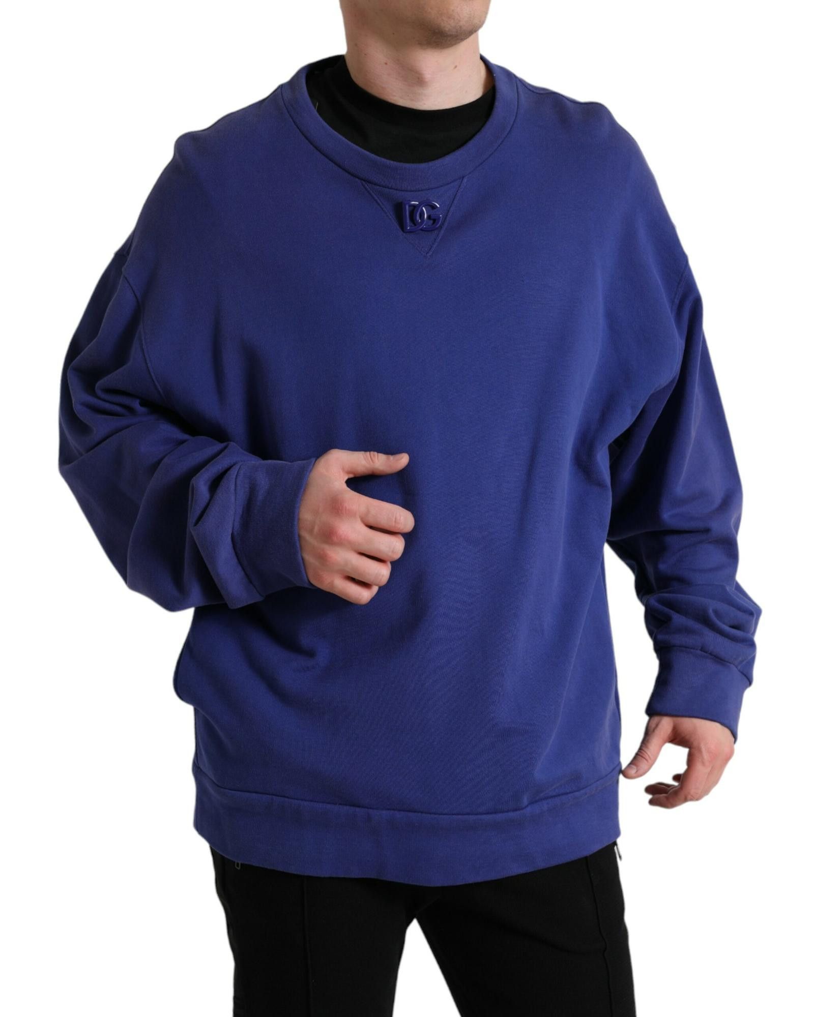 image of Dolce Gabbana Royal Cotton Crewneck Pullover Sweater in Blue, Men's (Size 2XL)