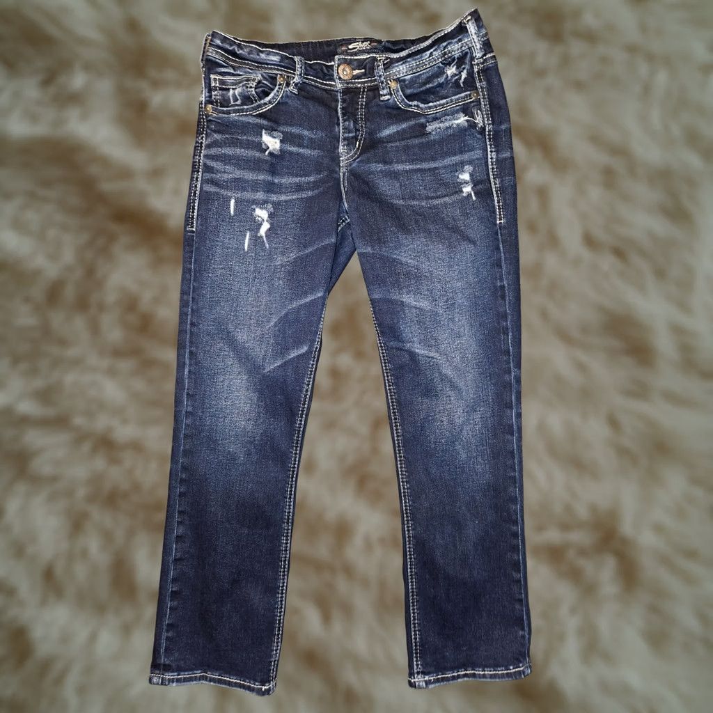 Silver Jeans Co. VINTAGE Silver Jeans Capri Jeans Women 28 Low Rise Blue Denim Distressed Preppy Logo Embroidered Pockets Crop 24in Inseam Mens Women Girls Boys Size 28" / US 6 / IT 42 - 1 Thumbnail