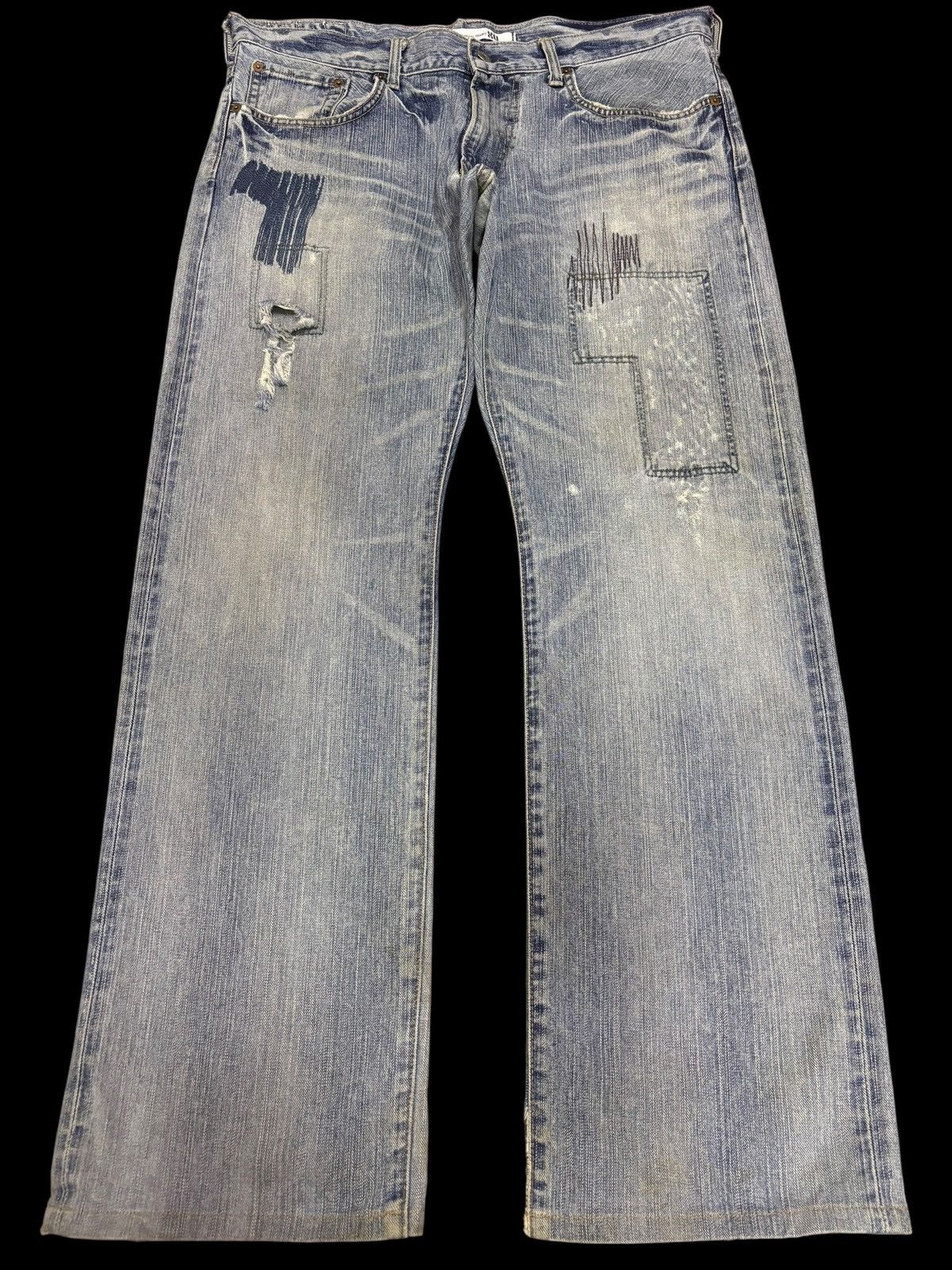 Edwin × Japanese Brand Vintage Edwin XV Distressed Patchwork Blue Washed Jeans Size US 36 / EU 52 - 1 Thumbnail