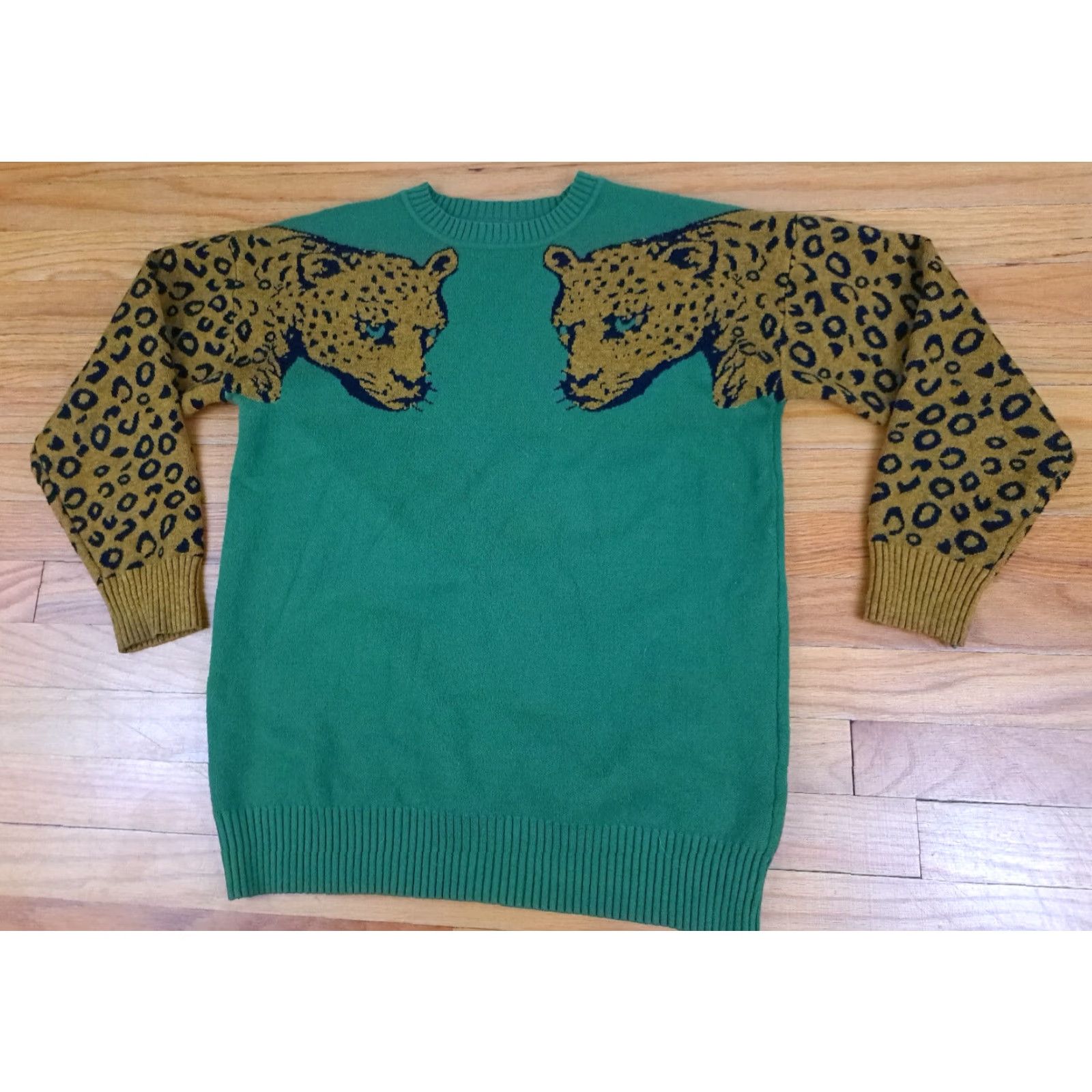 Vintage Leopard Head Sleeves Woman Small Knit Sweater Green Crew Neck Long Sleeve Pullover Knit Cotton Polyester Size S / US 4 / IT 40 - 3 Thumbnail