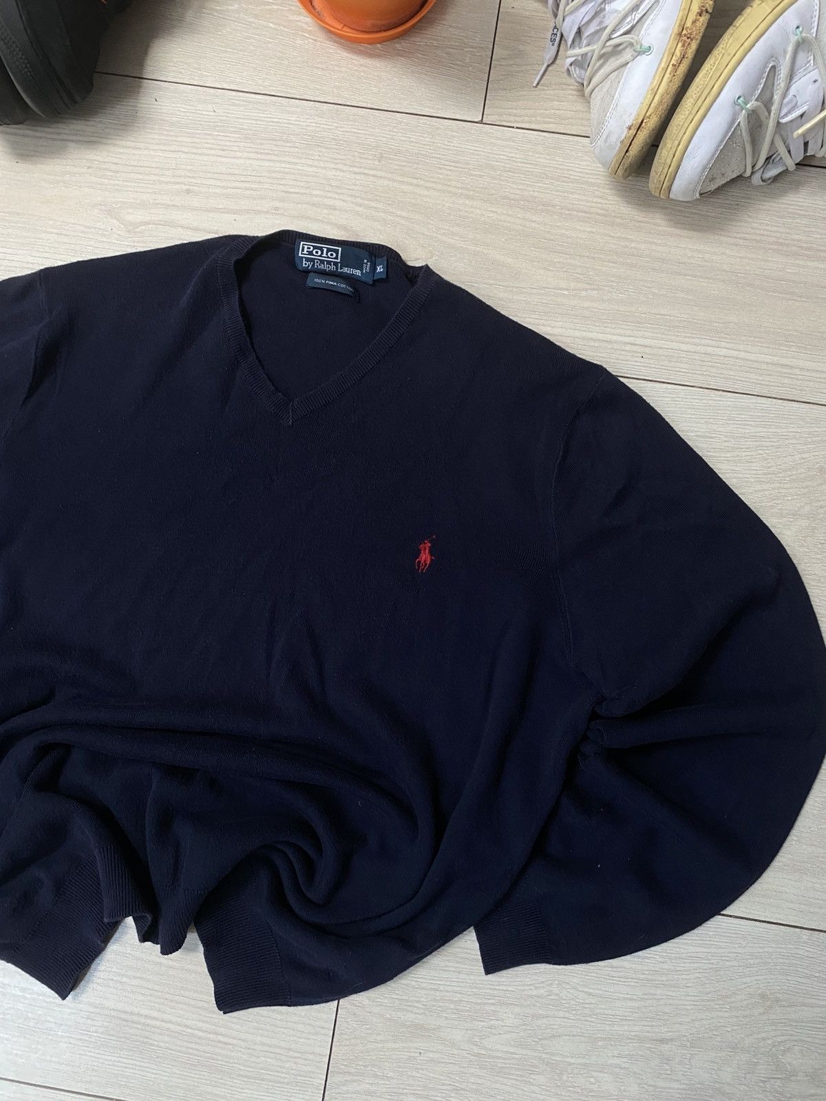 Polo Ralph Lauren × Vintage Navy Ralph Lauren Knit Sweater w/ Red Pony Logo Size US L / EU 52-54 / 3 - 4 Thumbnail