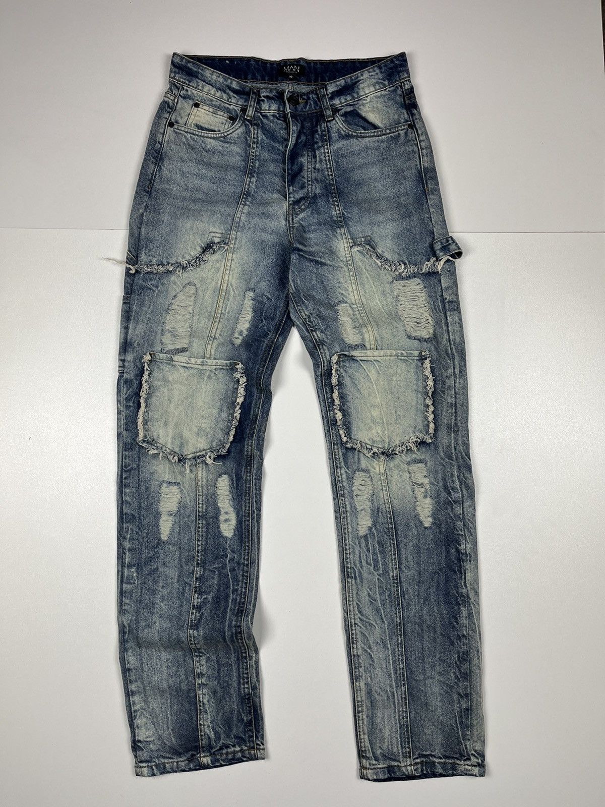 Other Boohoo Distressed Carpenter Cargo Multipocket Washed Denim Size US 32 / EU 48 - 1 Thumbnail