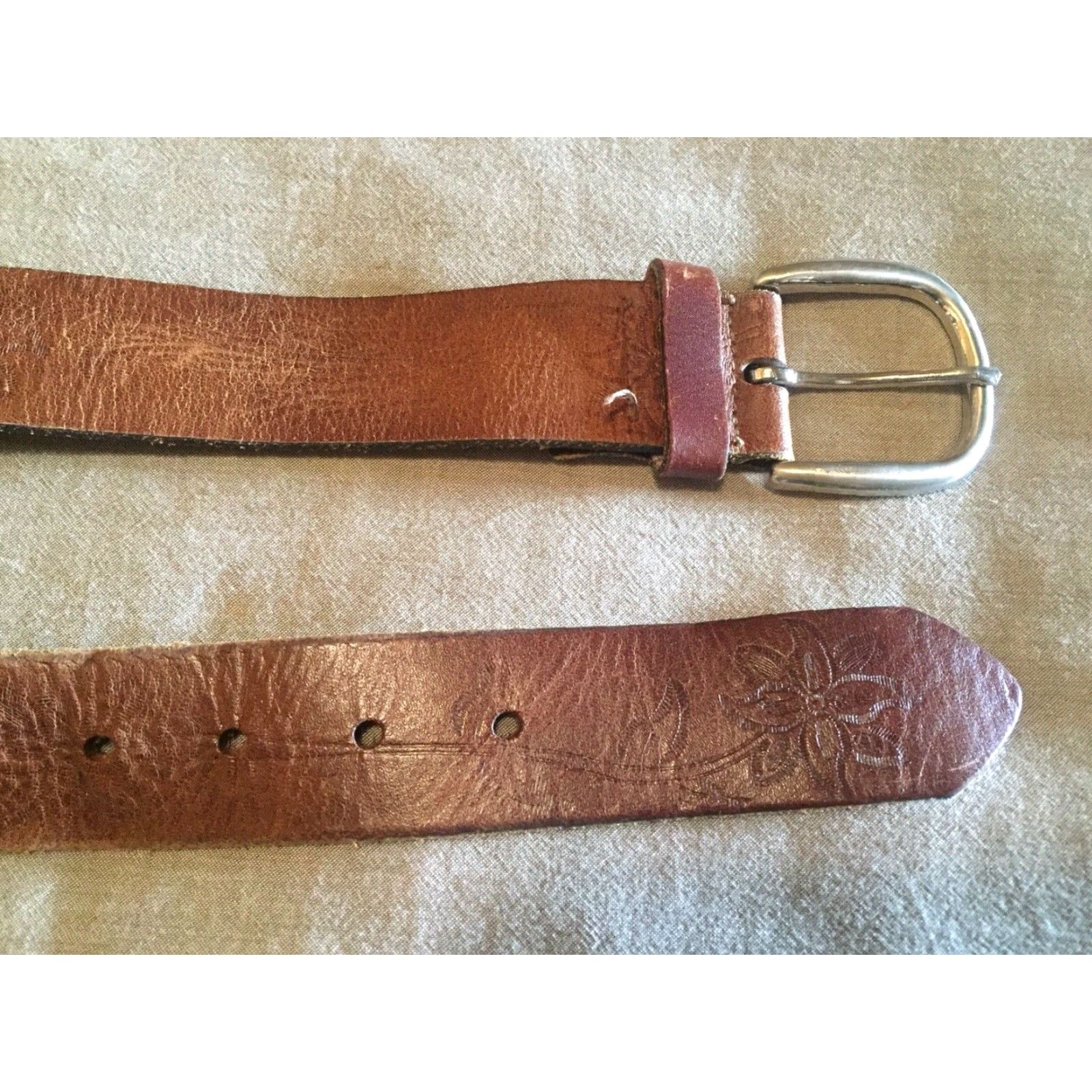 Vintage Women's Leather Belt Size 35 Brown 1-1/2'' Wide Floral Print Belt Women Size ONE SIZE - 2 Thumbnail
