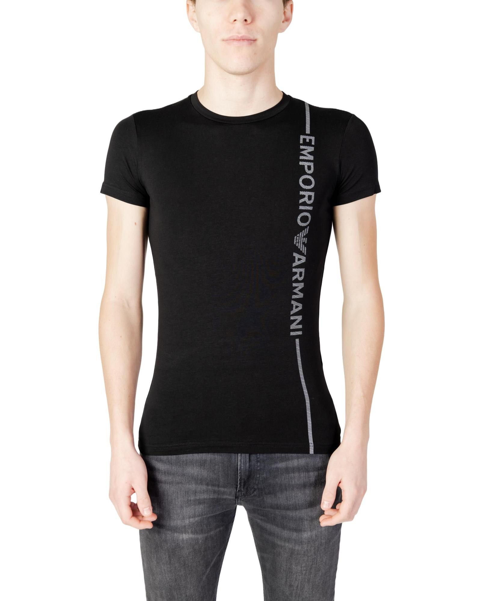 image of Emporio Armani Printed Cotton T-Shirt With Round Neck in Black, Men's (Size Small)