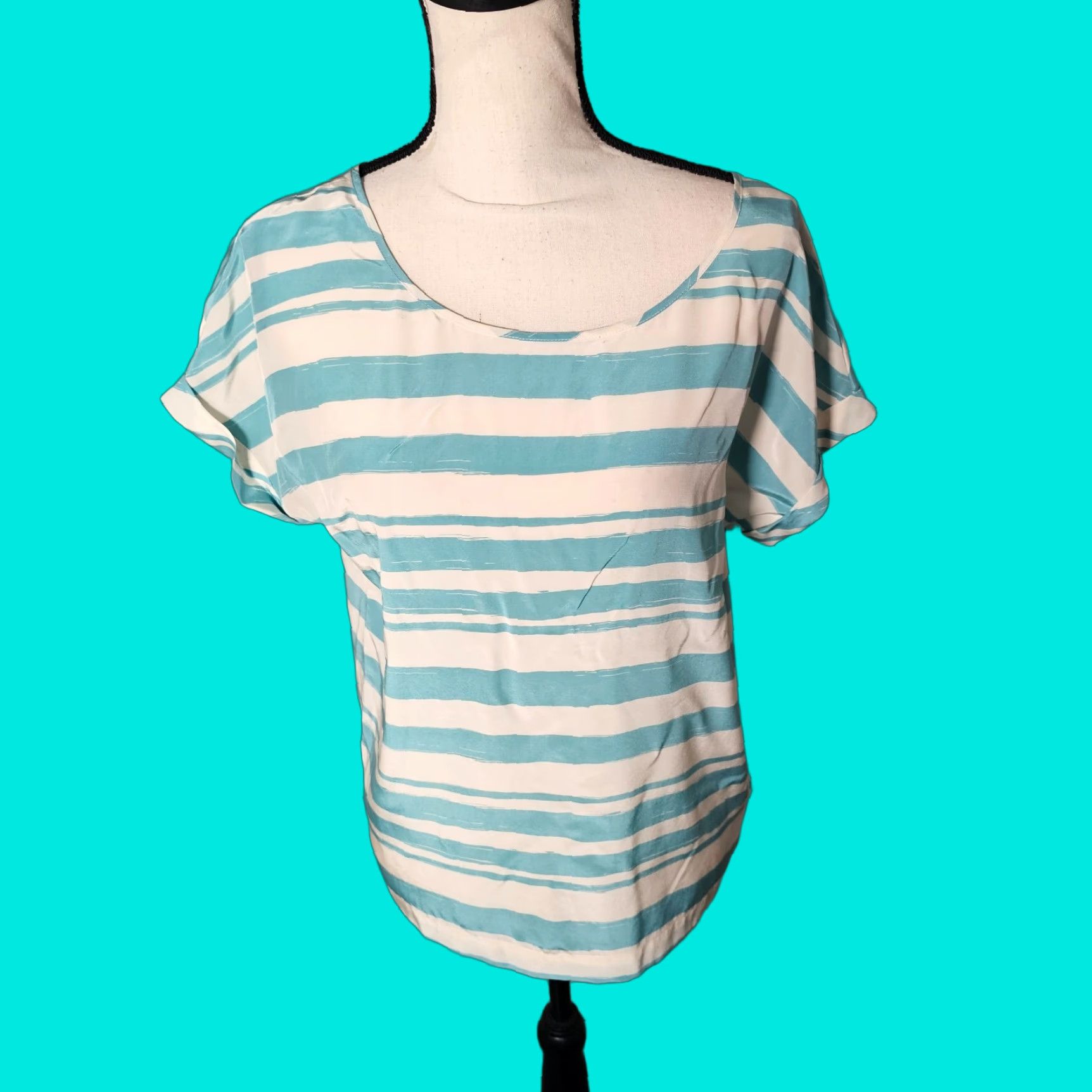 Fossil FOSSIL Silk Cap Sleeve Blouse Top Women Small White Teal Stripe Geometric Classic Size S / US 4 / IT 40 - 1 Thumbnail