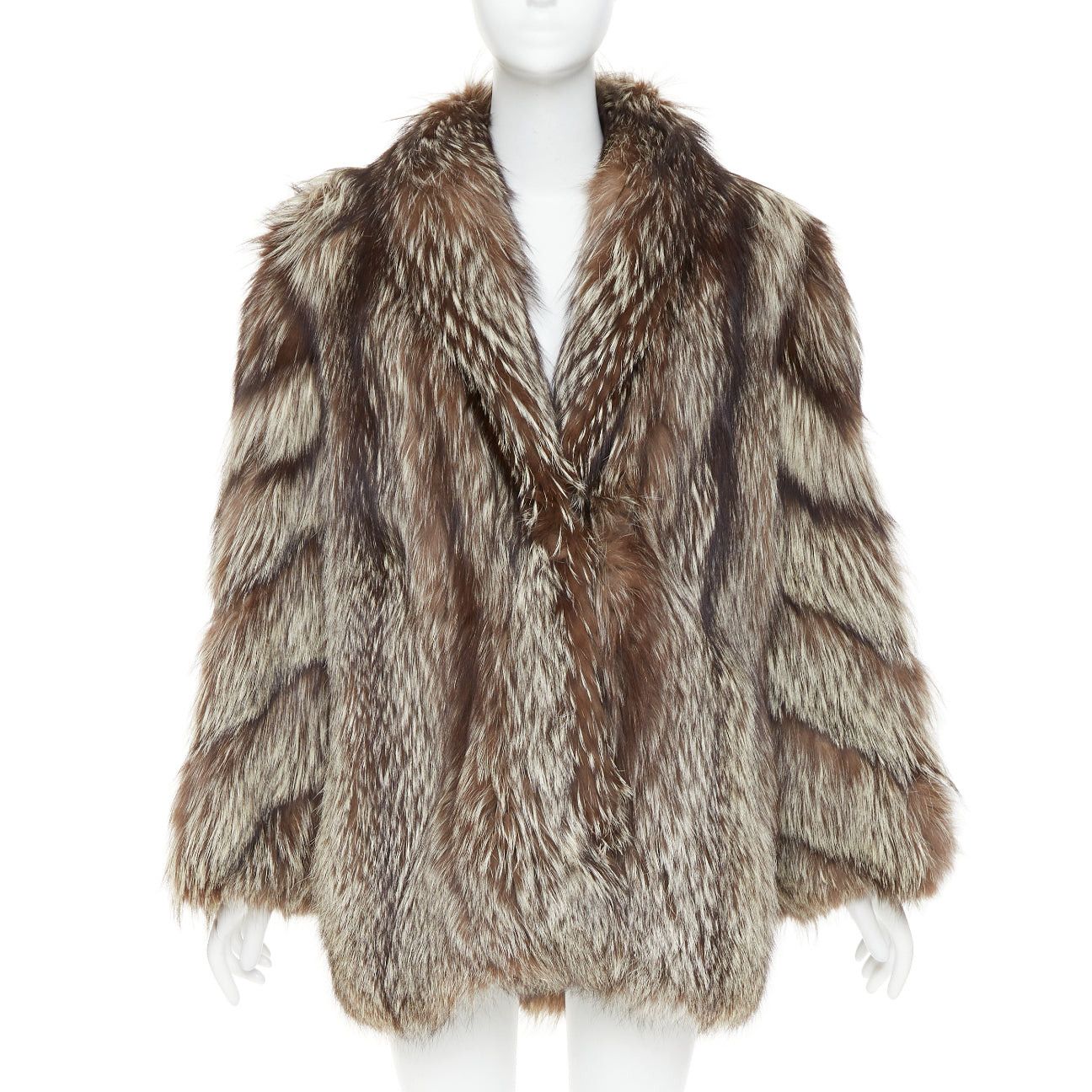 Other Natural Silver Fox brown oversized boxy shawl collar fur coat Sz. 12 XL Size XL / US 12-14 / IT 48-50 - 1 Thumbnail