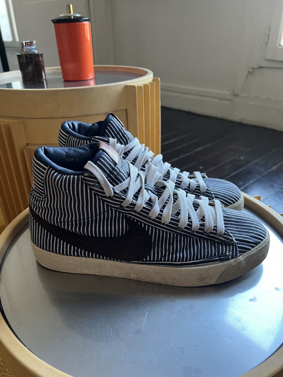image of Nike Blazer Men's Mid Basic Pinstripe Navy Brown 314961-421 Shoes in Blue (Size 10)