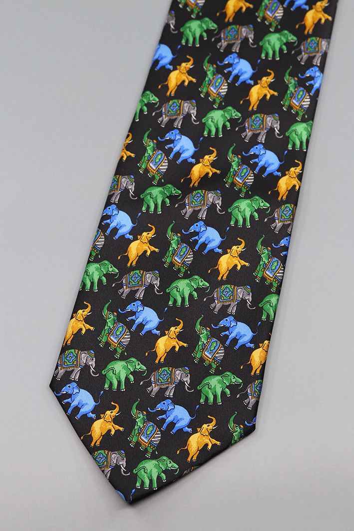 Vintage Italian Silk Tie – Colorful Elephant Print on Black