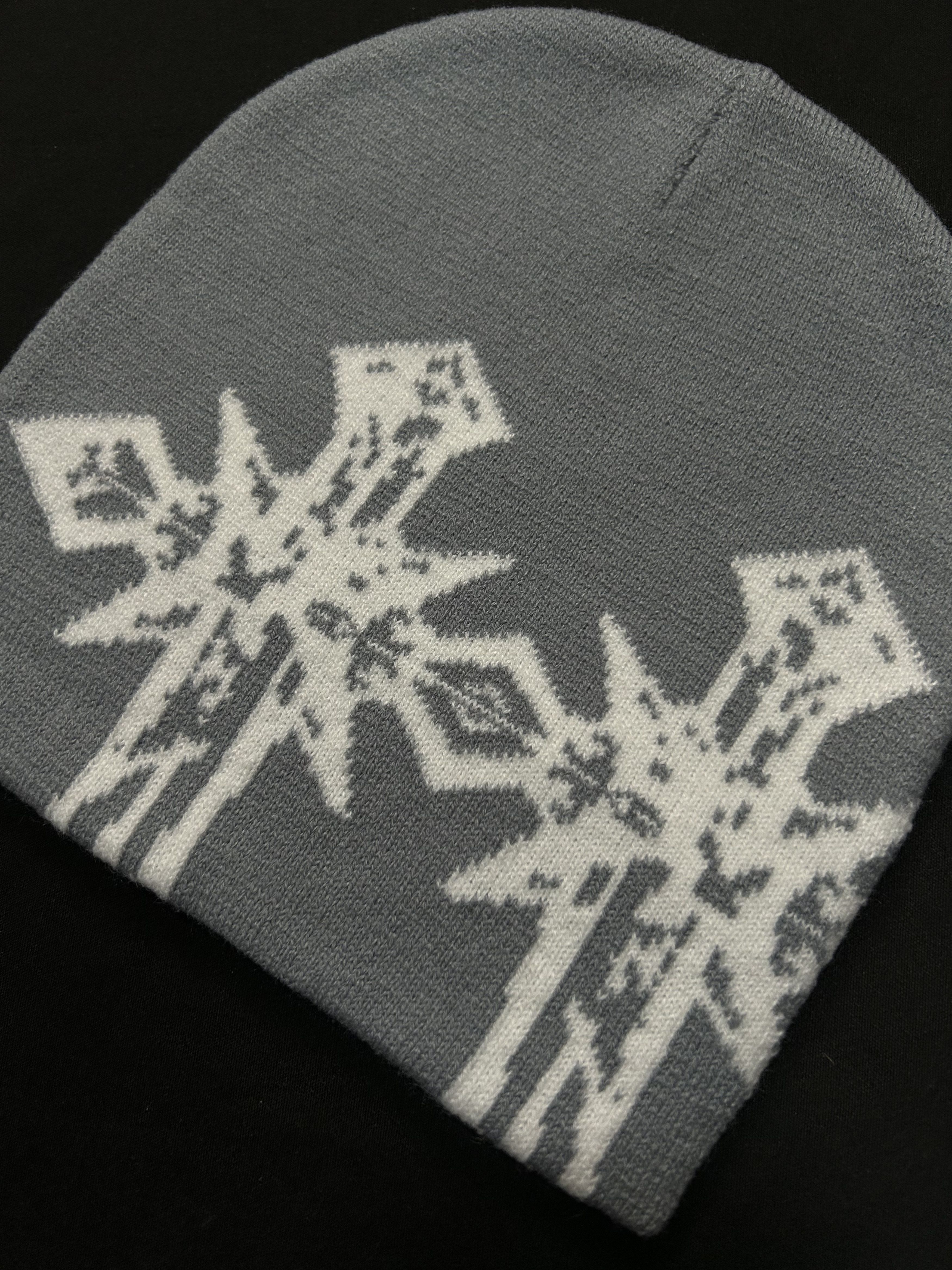 Japanese Brand Rare Double Crosses Graphic No Cuff Knit Beanie Grey Hat OS Size ONE SIZE - 2 Thumbnail