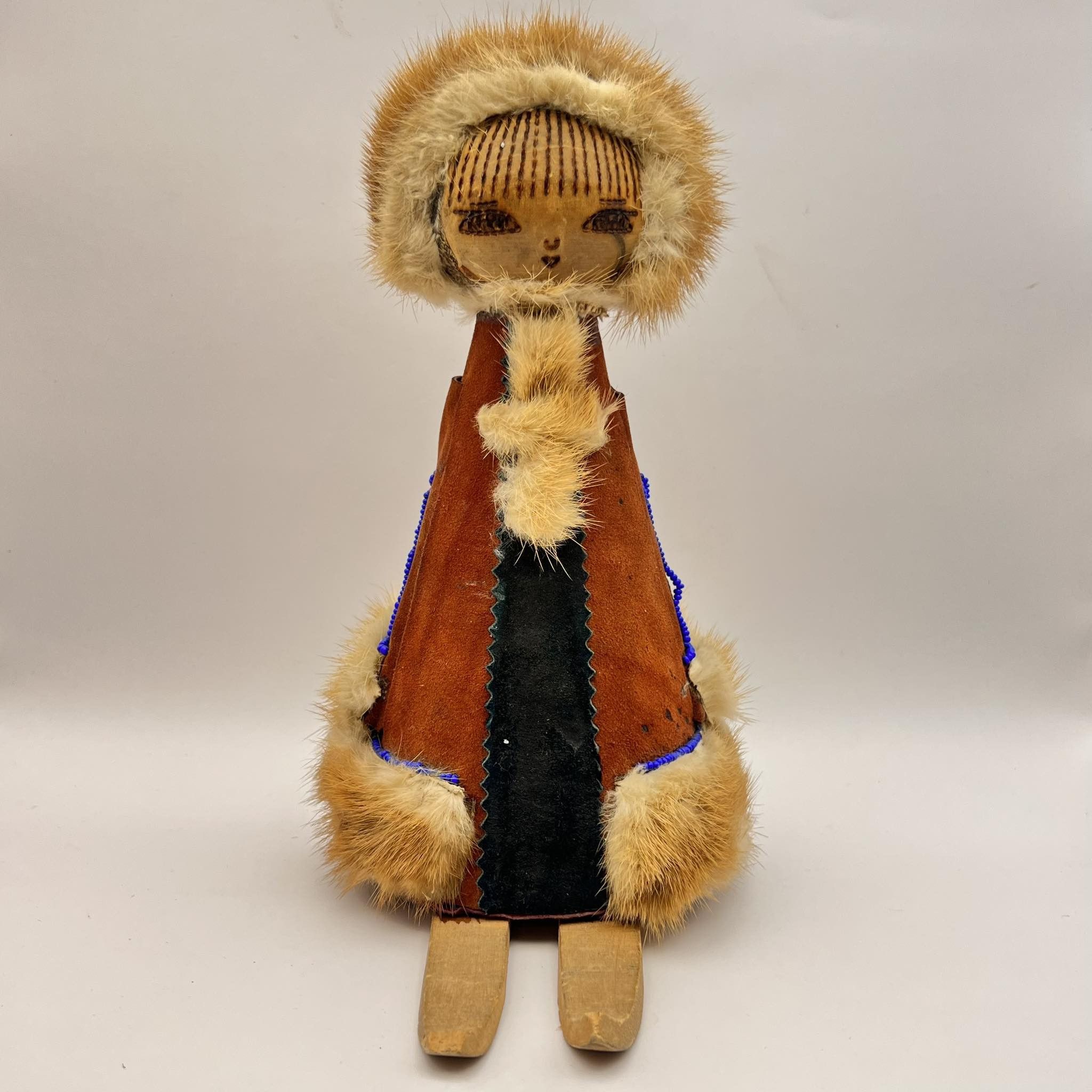 Vintage Vintage Wooden Natural Fur Hand Made Figurine Eskimo Girl Size ONE SIZE - 7 Thumbnail