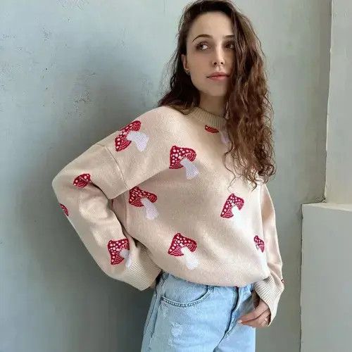 Japanese Brand Women Mushroom Printed Sweater 2023 Autumn Size ONE SIZE - 1 Thumbnail