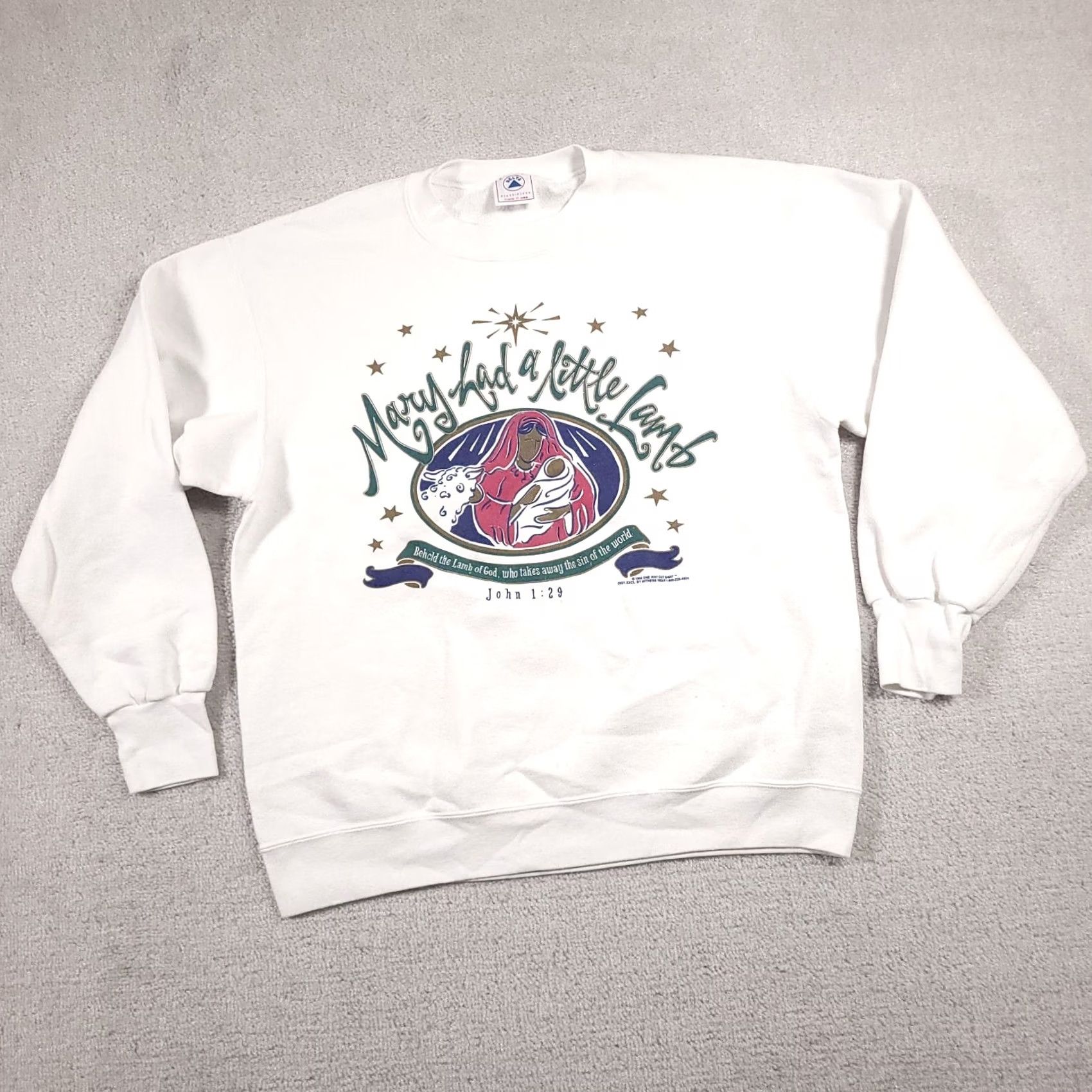 Delta VINTAGE 90s Mary Had a Little Lamb Sweatshirt Unisex Adults Large Crew Neck Religion Graphic Print White Cotton Polyester Fleece Pullover USA 90s Size US L / EU 52-54 / 3 - 2 Thumbnail