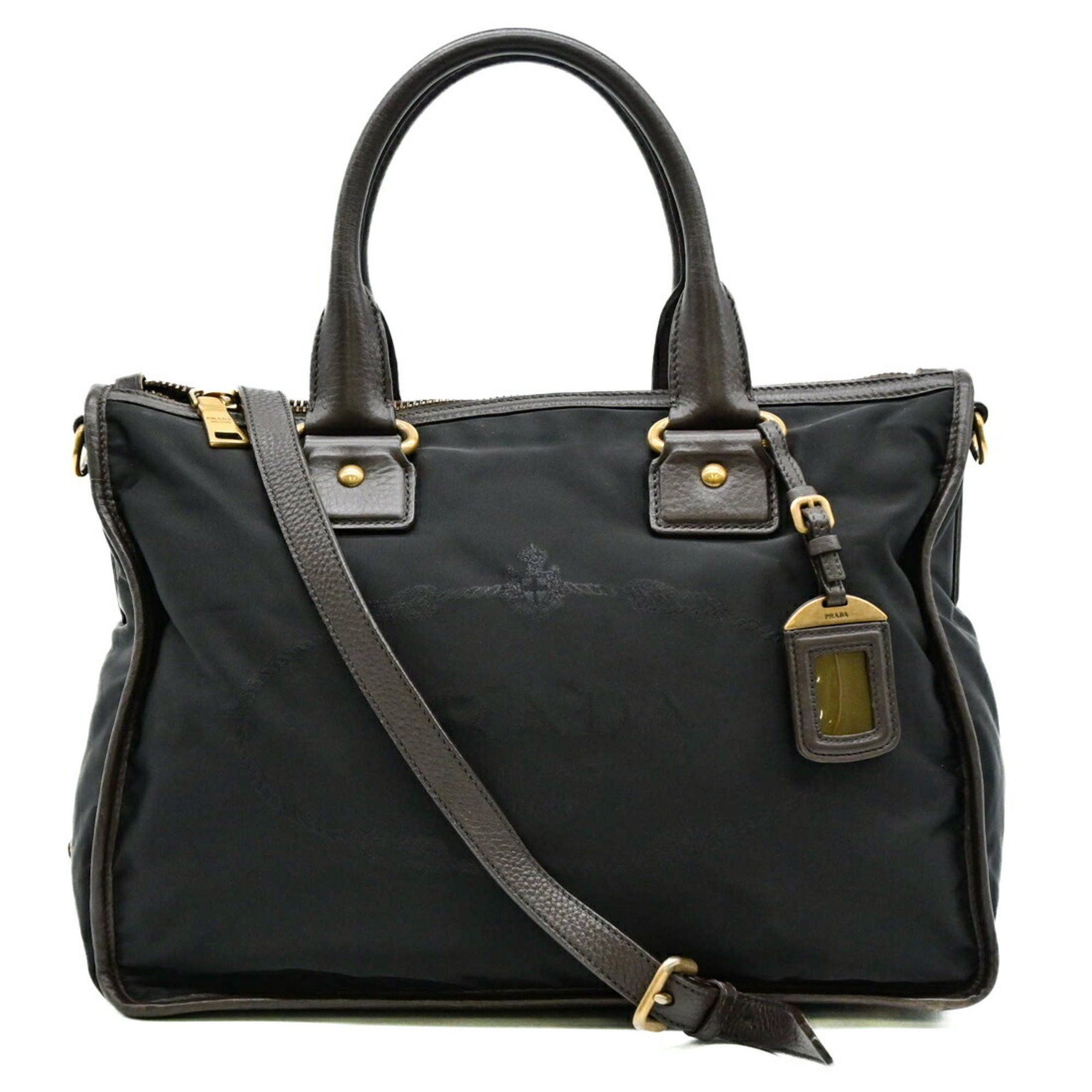 Prada Jacquard Triangle Plate Shoulder Handbag Tote Nylon Black Brown BL0748