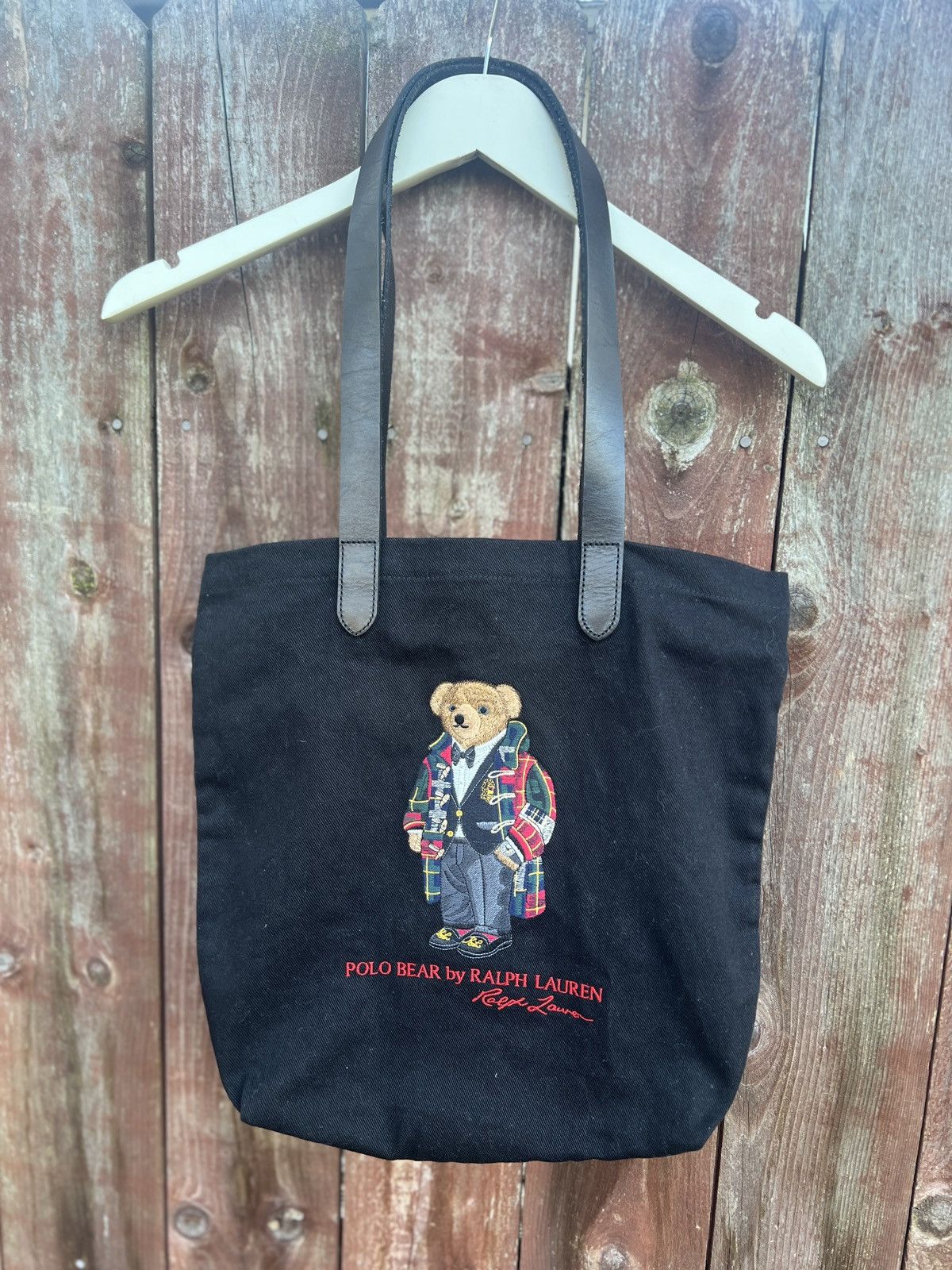 Polo Bear Embroidered Tote Bag w/ Real Leather Straps