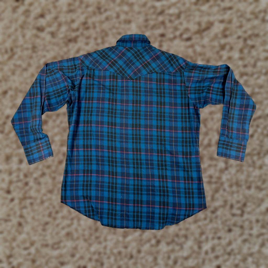 Vintage Rustler Mens Blue Plaid Long Sleeve Button-Up Shirt - X-Long Tail, Pearl Snaps, Western Cowboy, Cotton Blend, 40in Chest, Regular Fit Size US XL / EU 56 / 4 - 1 Thumbnail