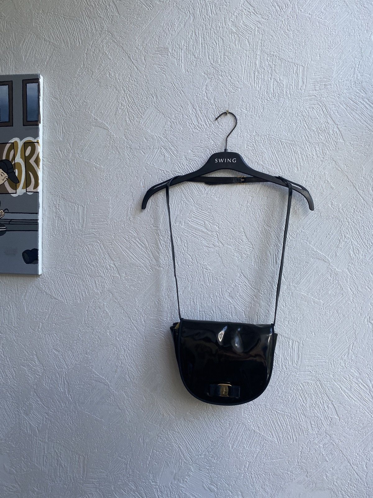 Salvatore Ferragamo Black Patent Leather Shoulder Bag