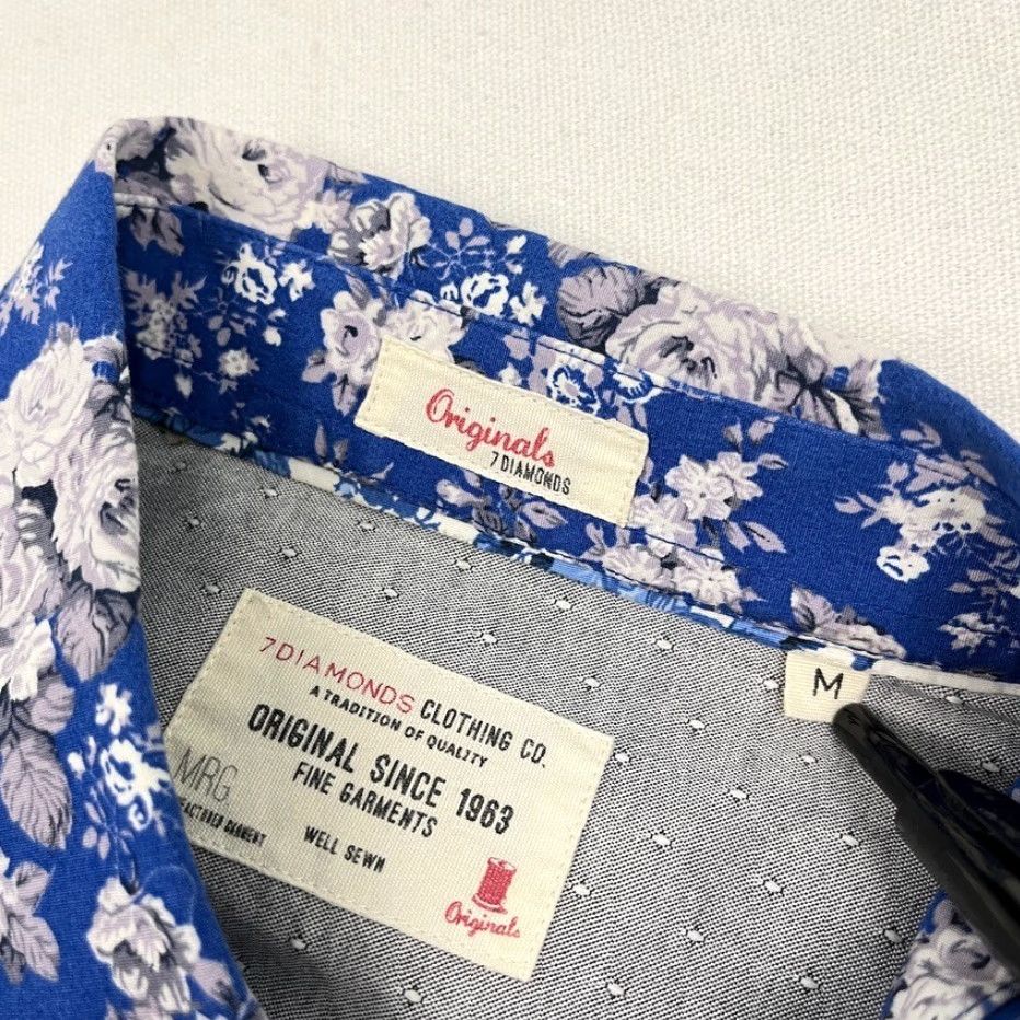 Vintage 7 Diamonds Shirt Mens M All Of Me Floral Blue White Button-Down Short Sleeve Stretch Regular Fit Size US M / EU 48-50 / 2 - 3 Thumbnail