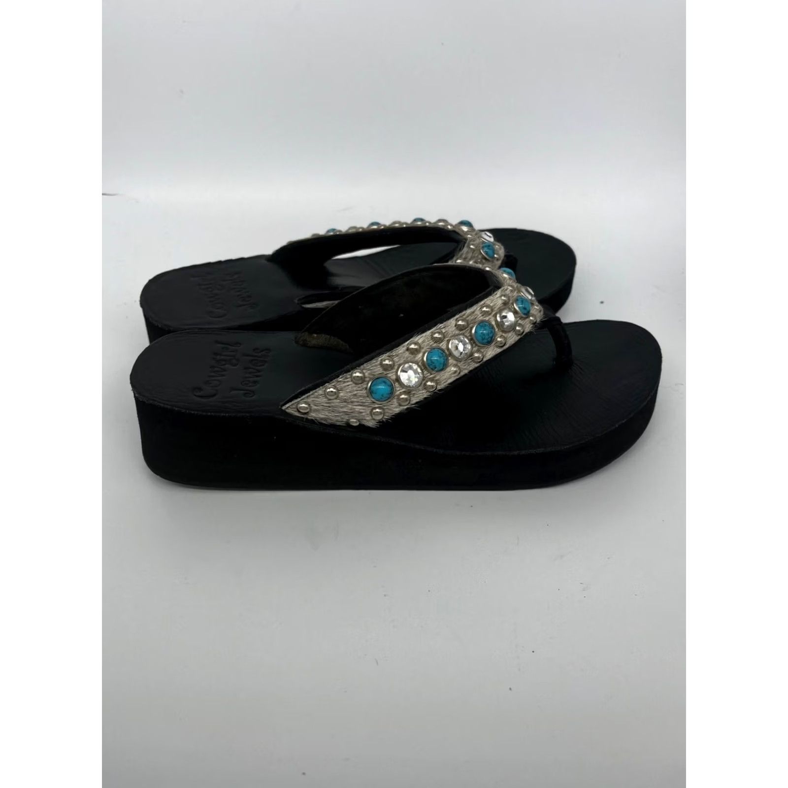 Vintage VINTAGE Women’s Sandal Platform Black 9.5 Strappy Cowboy Jewels Womens 9.5 Black Turquoise Gems Fur 1.5" Like New Size US 10 / IT 40 - 3 Thumbnail