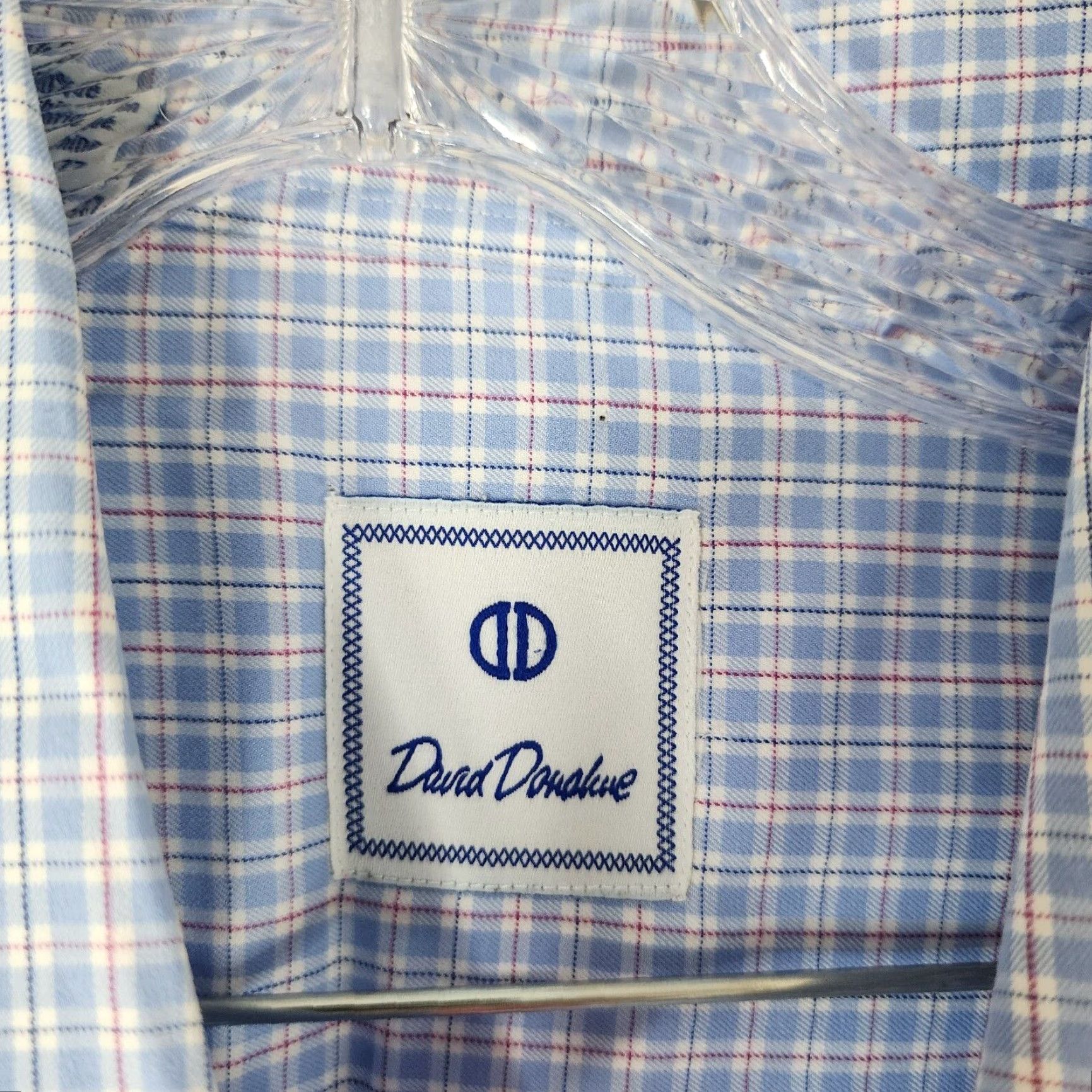David Donahue DAVID DONAHUE Dress Shirt Men’s Blue Plaid 2XL Long Sleeve 100% Cotton Slim/Regular Chest 28 in 34 in Dress Shirt Mens Size 48R - 4 Thumbnail