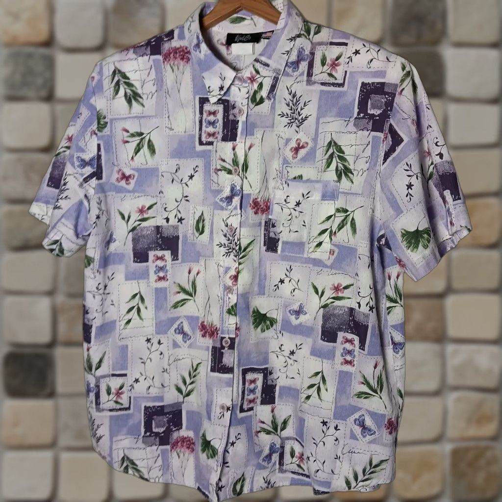 CO VINTAGE Top & Co Blouse XL Purple Lavender Floral Butterfly Nature Shirt Size XL / US 12-14 / IT 48-50 - 1 Thumbnail