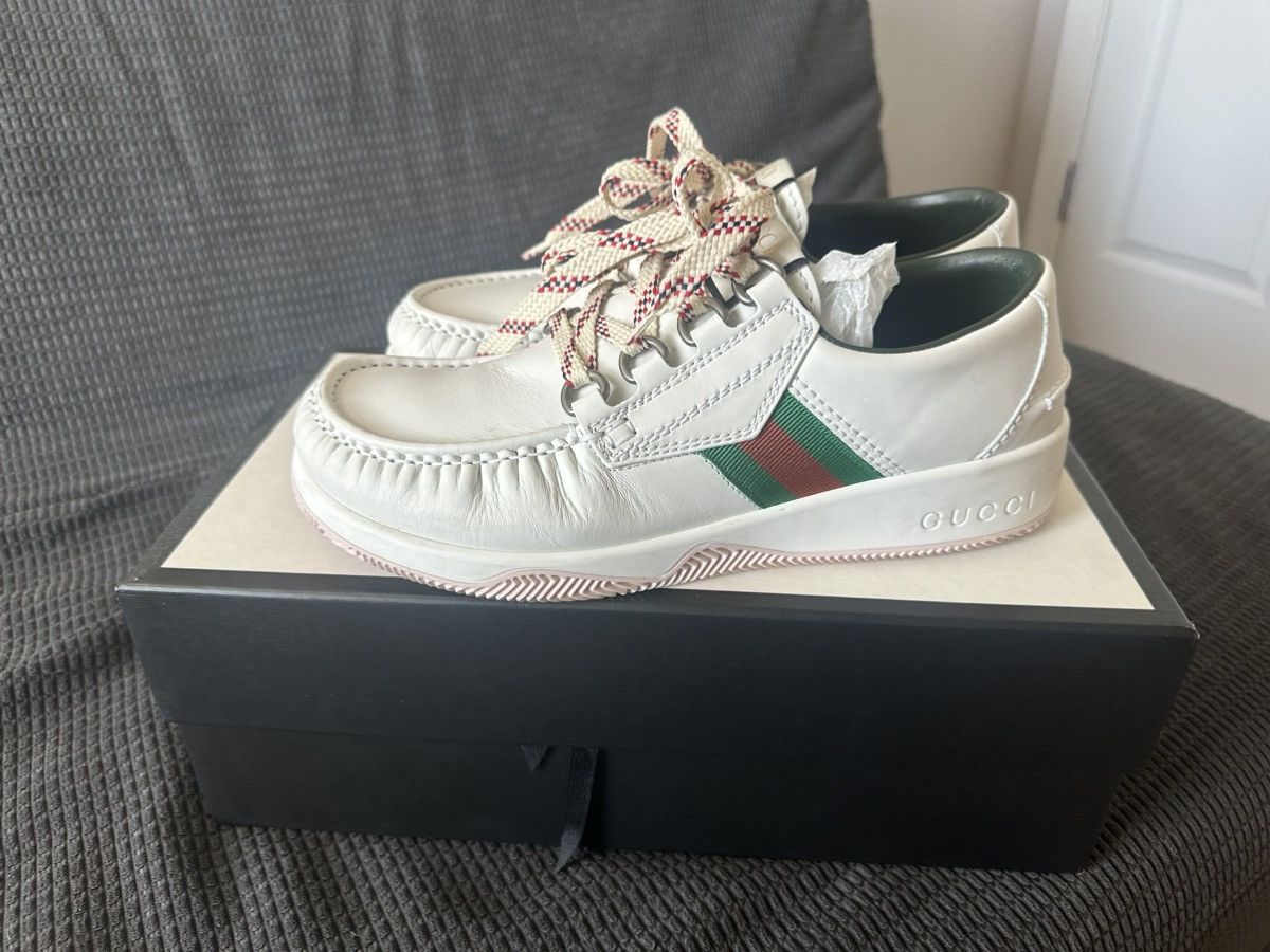Gucci GUCCI White Web Lace Up Leather Agrado Boat Shoes Size 9-9.5 Size US 9 / EU 42 - 1 Thumbnail