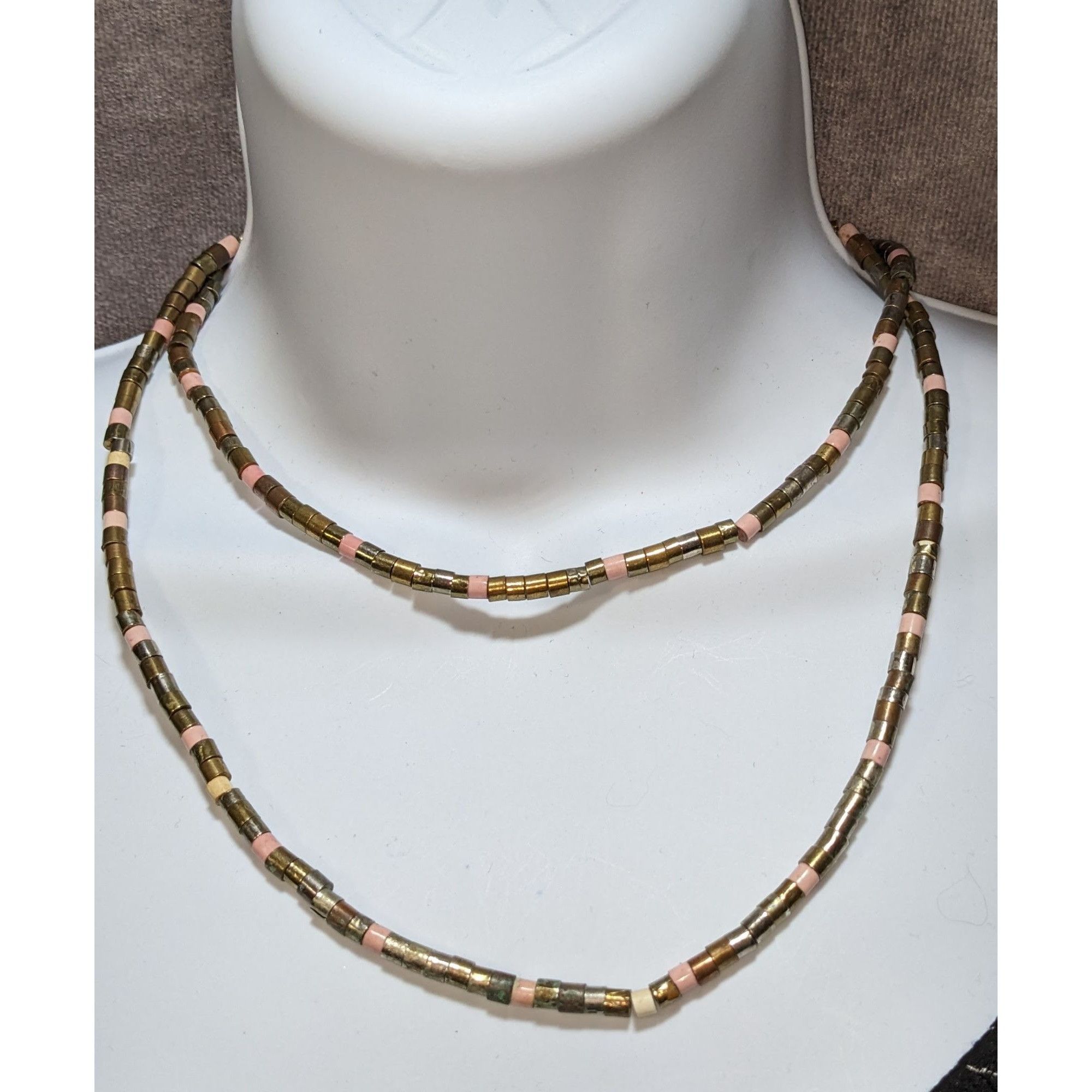 Other Vintage 34-Inch Brass & Pink Beaded Necklace With Cylindrica Size ONE SIZE - 4 Thumbnail