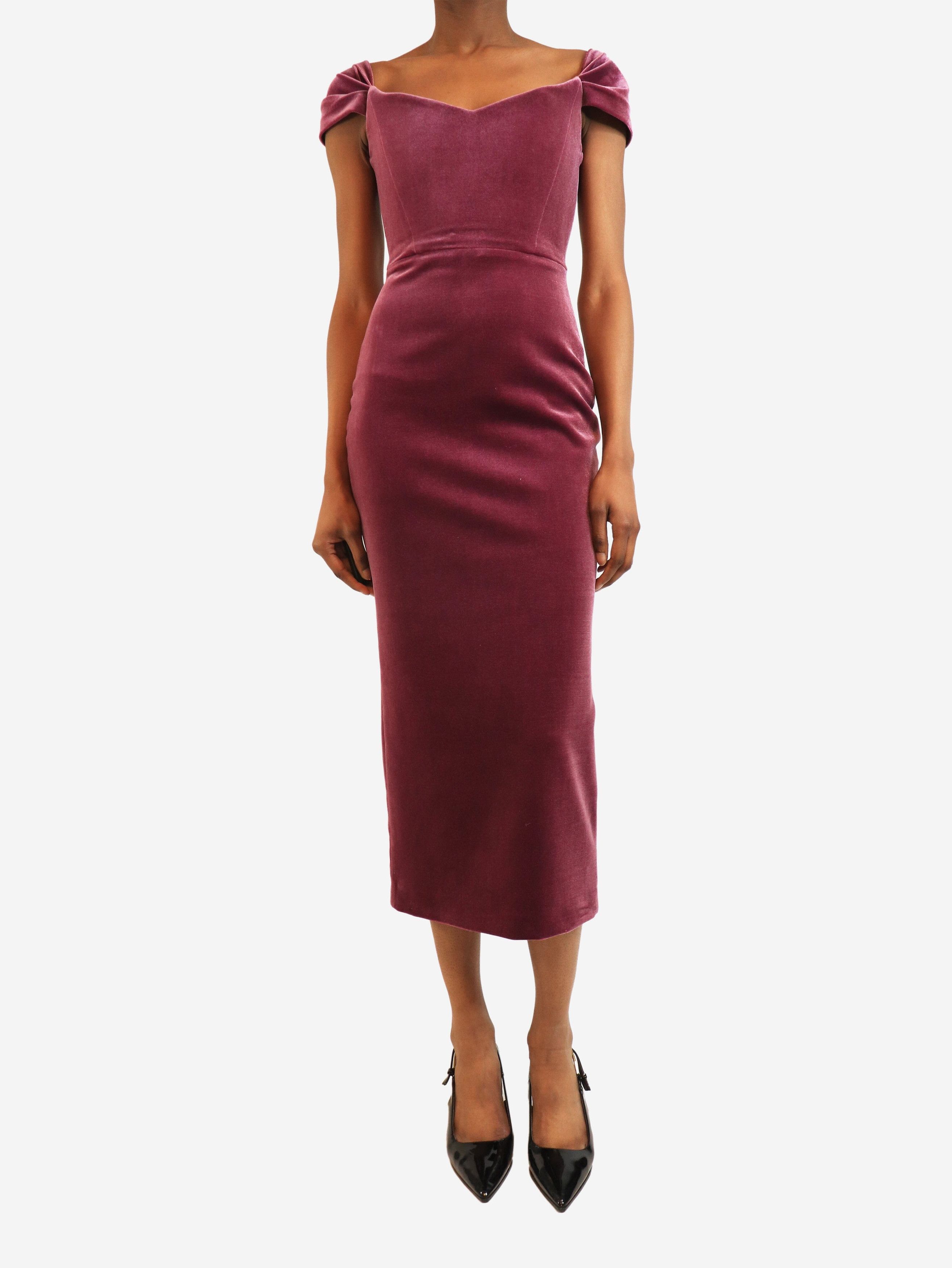 plum velvet midi dress Karen Millen Petite Stretch Velvet Taping Detail Mesh Plunge Neck Cut Out Back Midi Dress in Plum