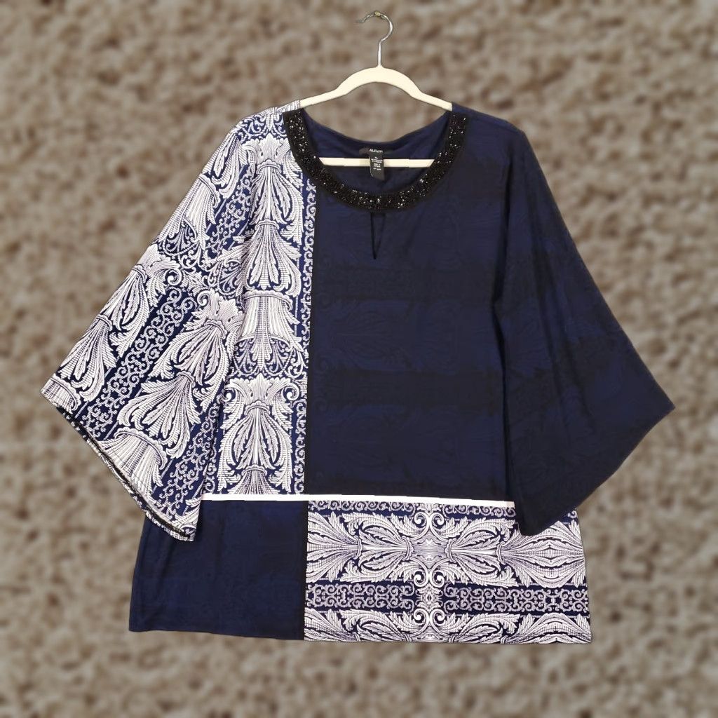 Alfani Womens Alfani Blouse Shirt Geometric Colorblock Blue Beaded V-Neck Long Sleeve XL Tunic Casual Womens Blouse Size XL / US 12-14 / IT 48-50 - 1 Thumbnail
