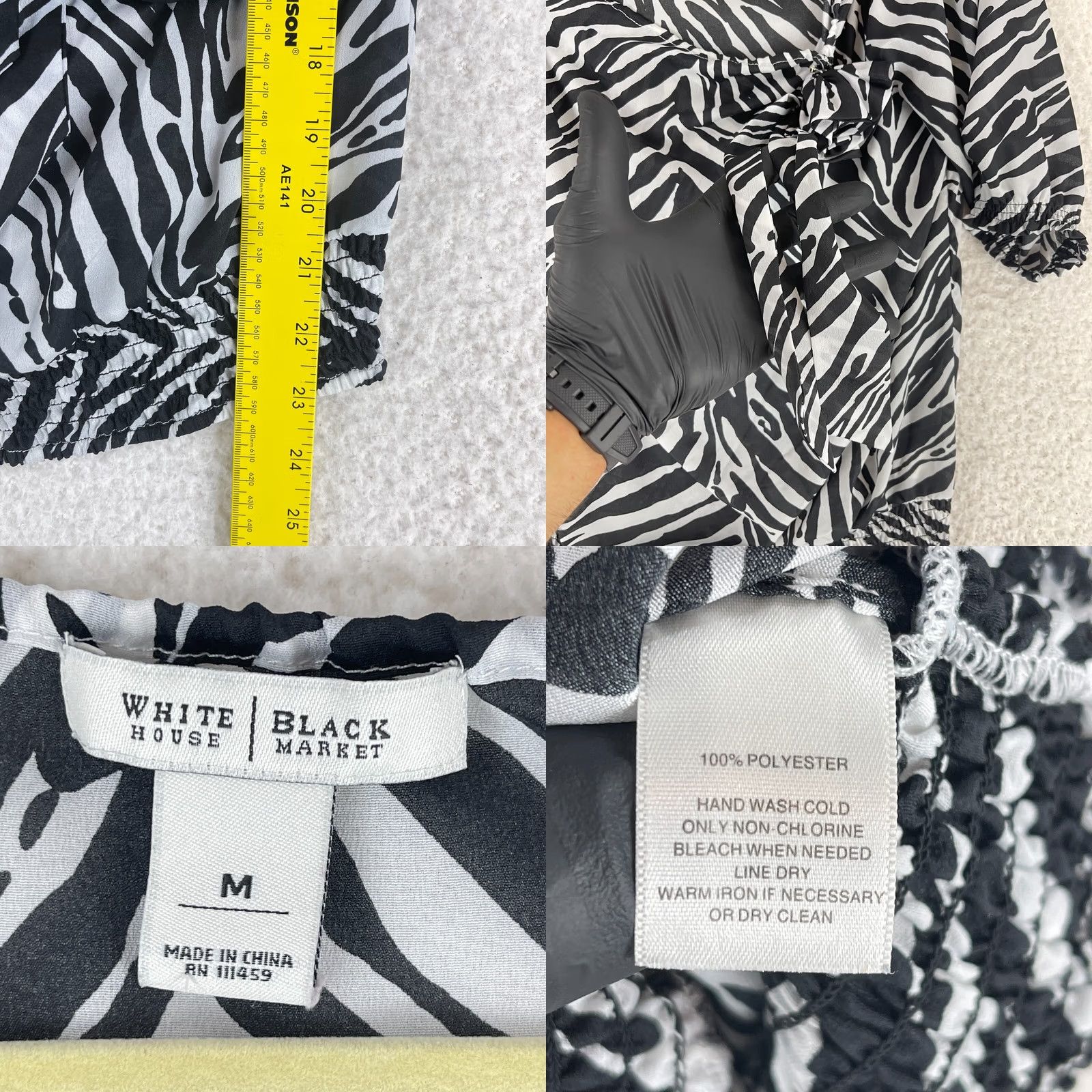 White House Black Market White House Black Market Animal Print Pullover Blouse Womens M Black 3/4 Sleeve Bow Casual Shirt Black White Print Blouse Womens M Size M / US 6-8 / IT 42-44 - 8 Thumbnail