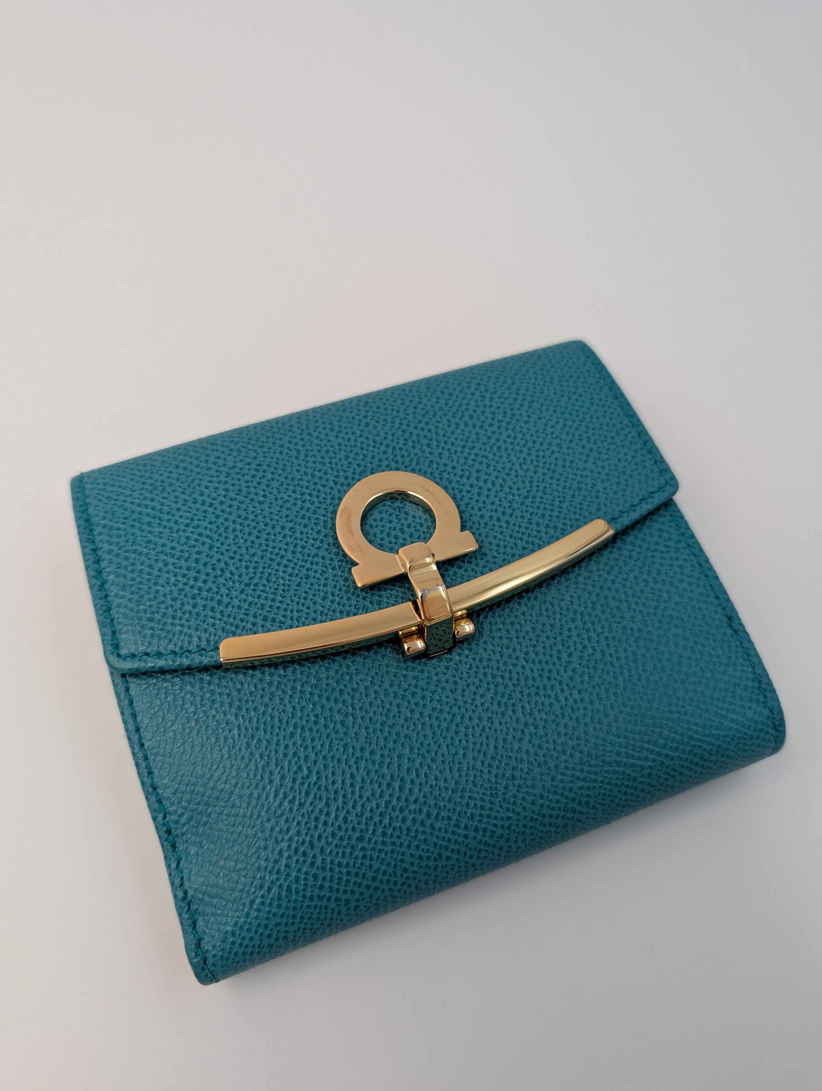 Salvatore Ferragamo Dark Aqua Green Fold-Over Clasp Leather Purse Size ONE SIZE - 3 Thumbnail