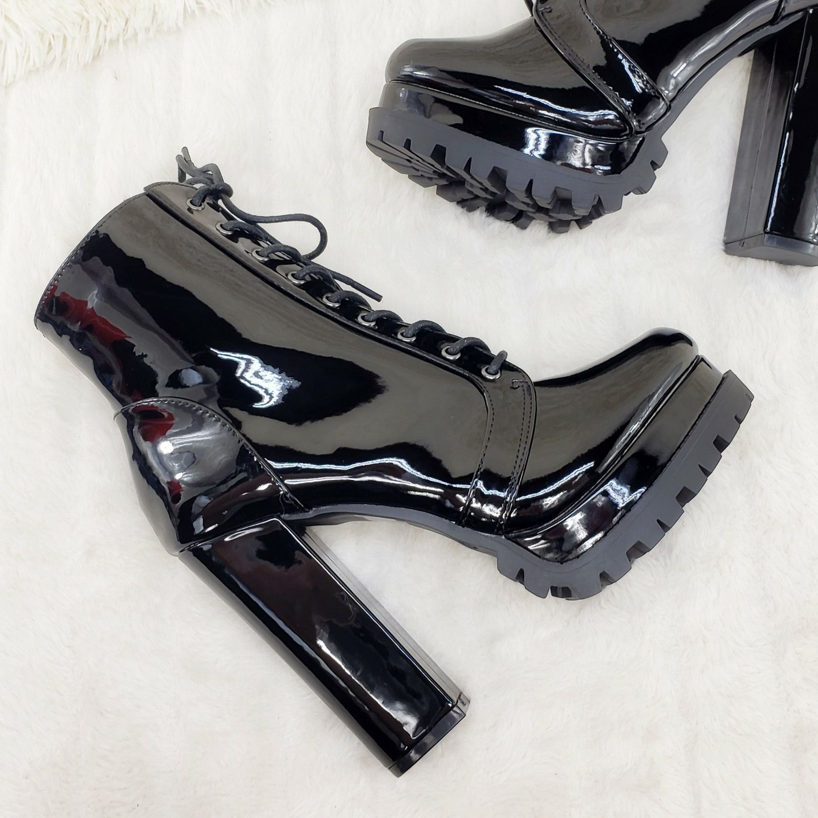 Other Wild Diva Vivian Black Patent Chunky Heel Platform Ankle Boo Size US 8.5 / IT 38.5 - 3 Thumbnail