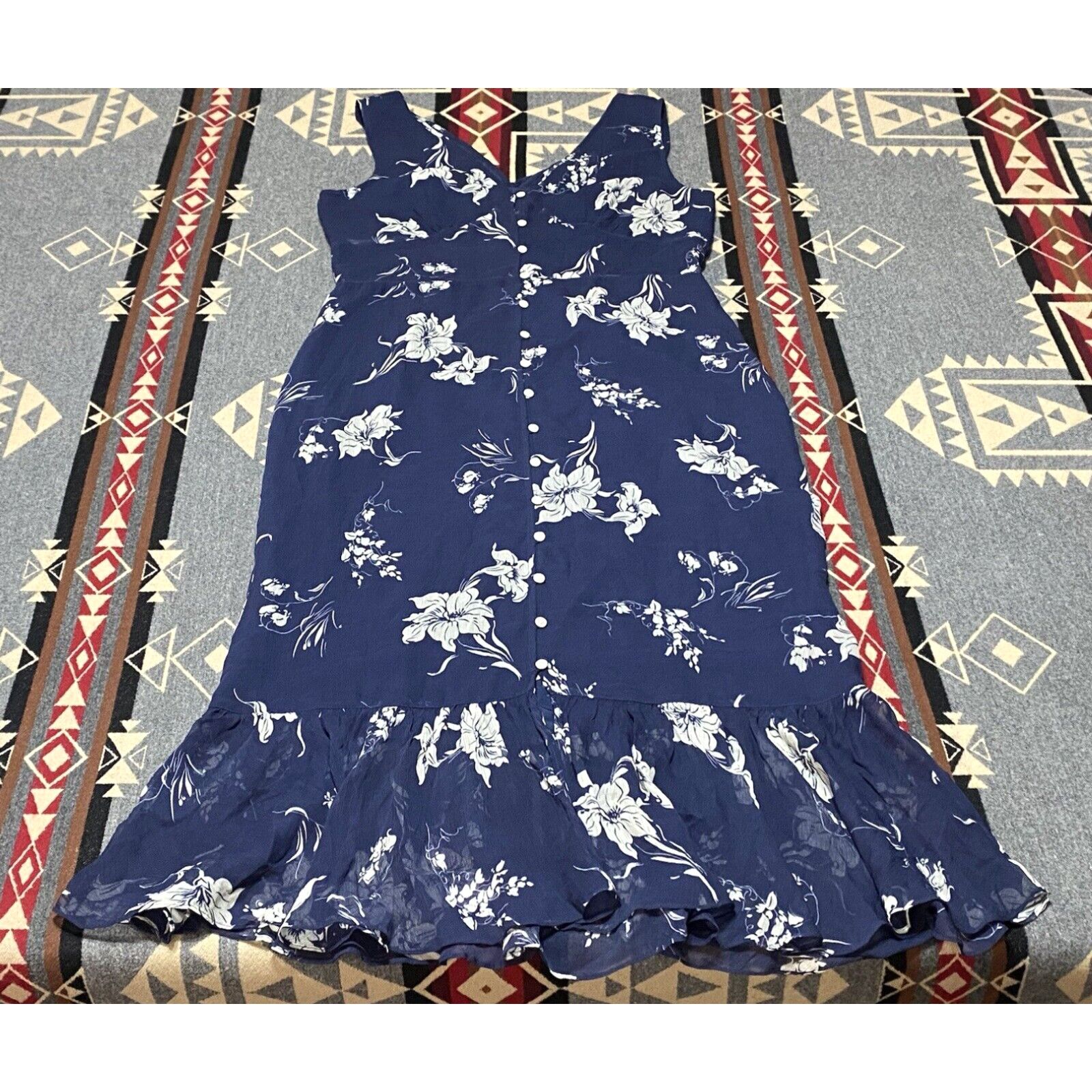 image of Polo Ralph Laurent Floral Crinkled Georgette Dress Navy Blue Size 12 Womens B4 in White