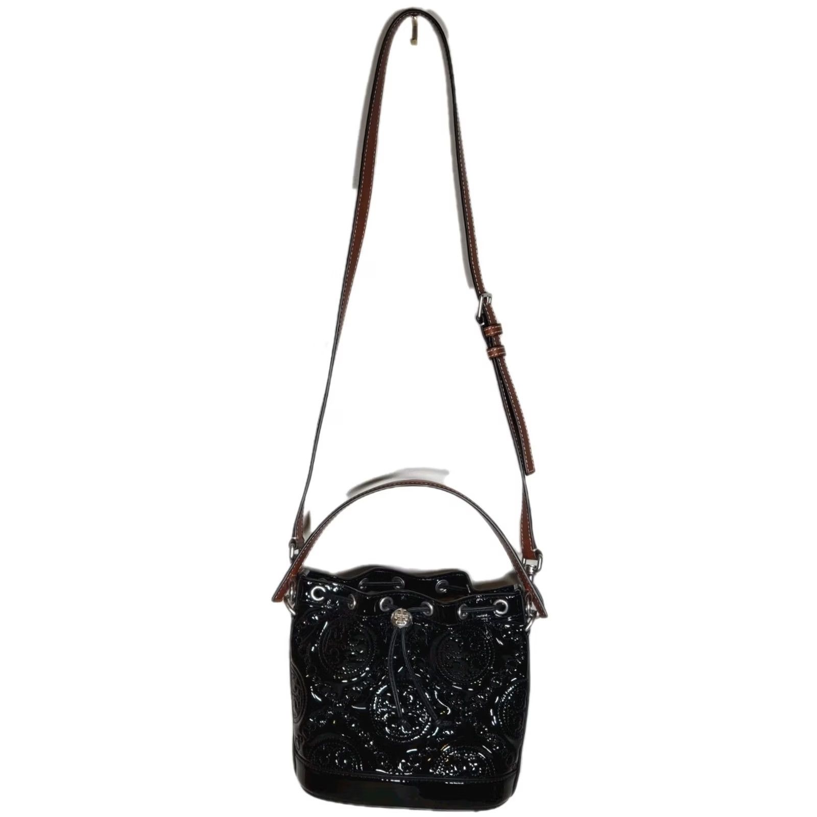 Tory Burch Tory Burch Bag Bucket Bag Crossbody Small Black Monogram Embroidered Patent Leather Size ONE SIZE - 2 Thumbnail