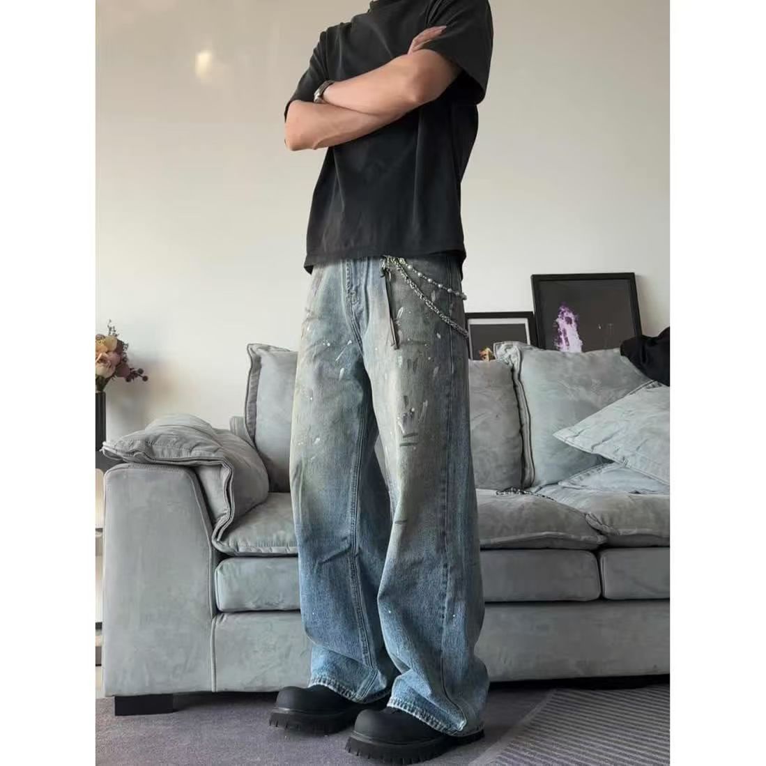 Japanese Brand Blue washed ink-splashed distressed jeans Size US 32 / EU 48 - 2 Thumbnail