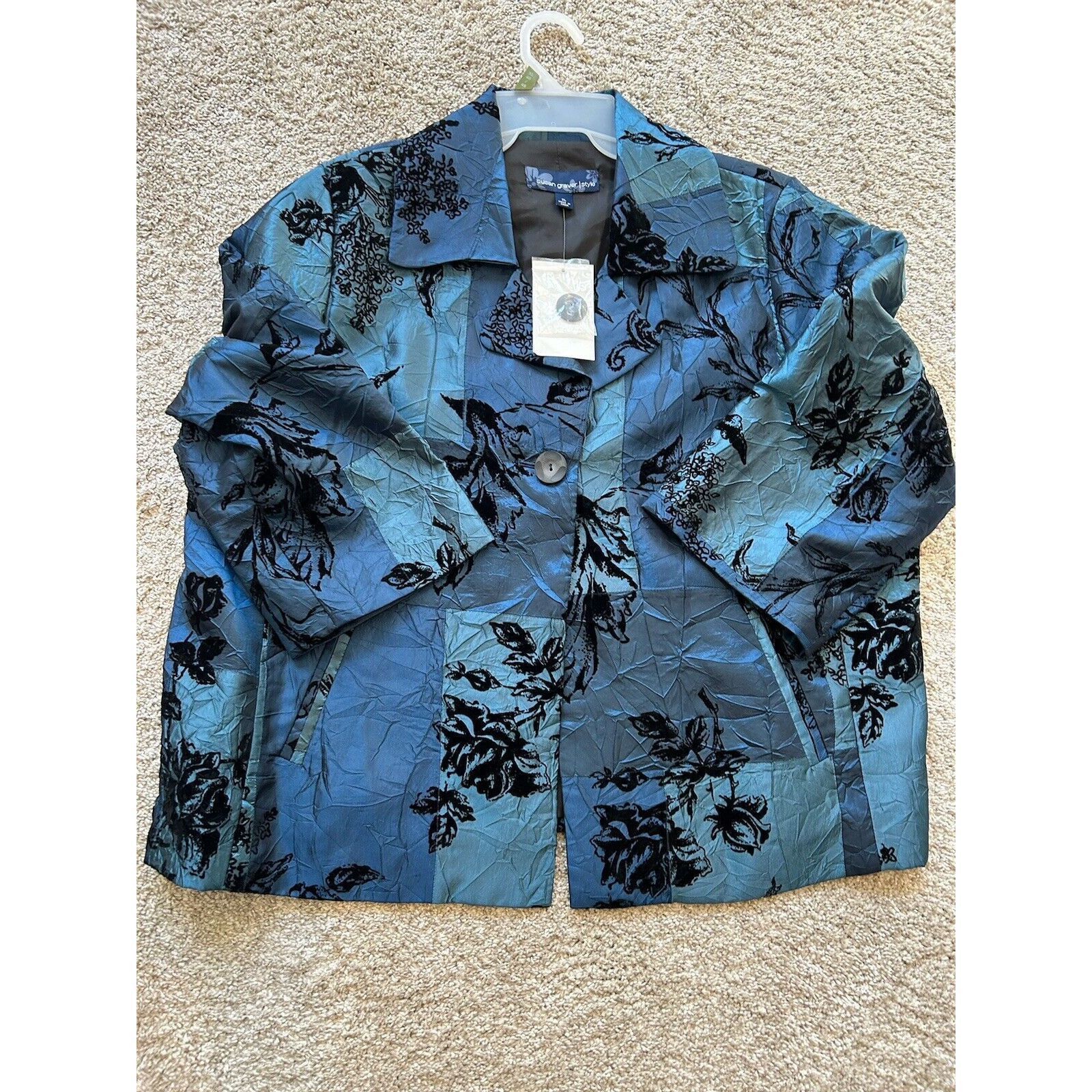 Other Susan Graver QVC VTG Blue taffeta Black Velvet evening light Coat Blazer XL NEW Size XL / US 12-14 / IT 48-50 - 2 Thumbnail