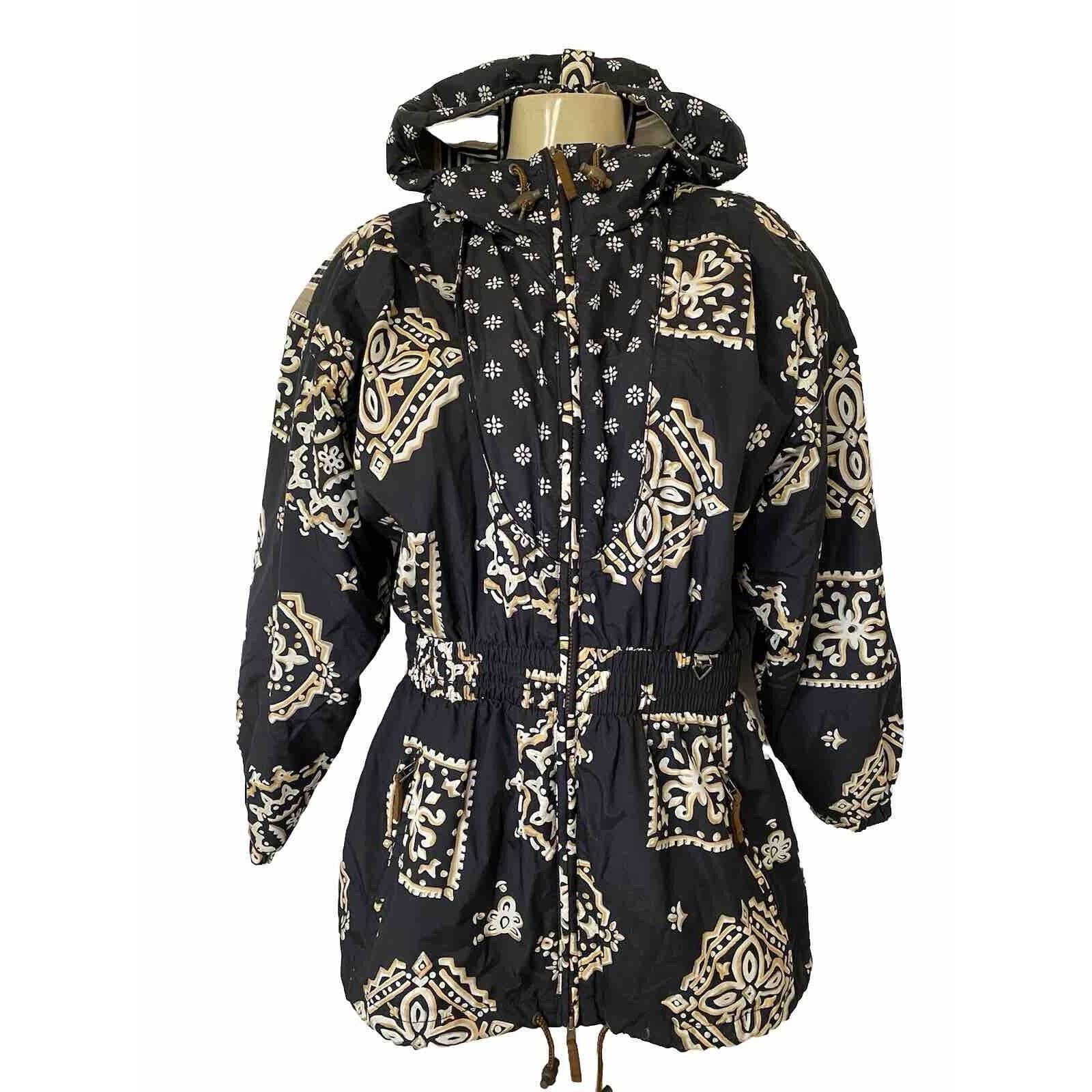 image of VTG Obermeyer Fanciful Jacket Black Floral Print Hood 12P, Women's (Size XL)