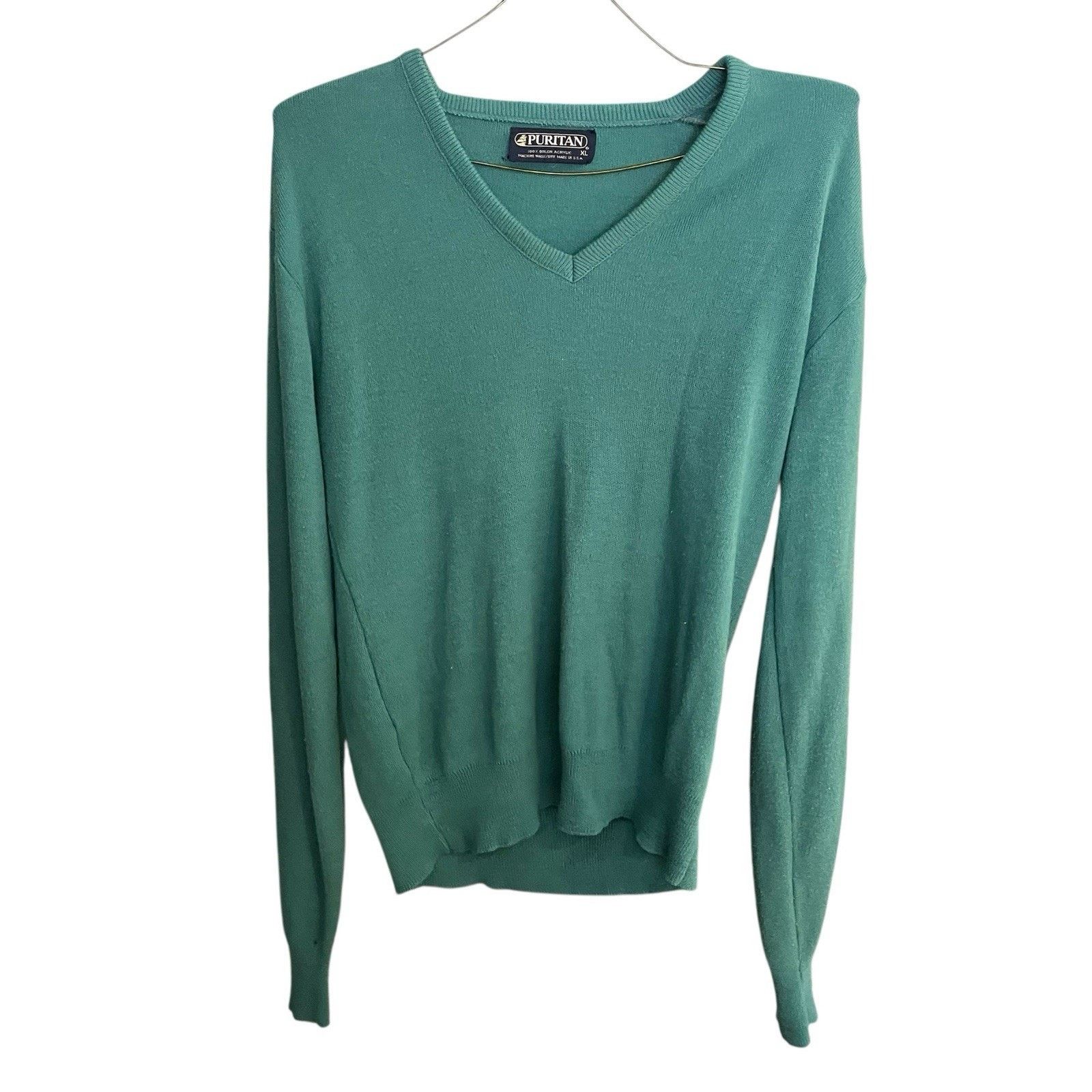 Puritan Puritan men's XL green v-neck 100% Orlon sweater made in USA Size US XL / EU 56 / 4 - 1 Thumbnail