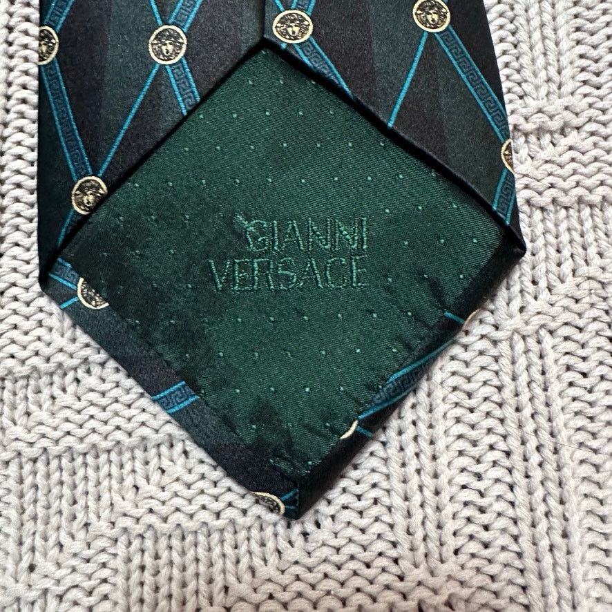 Versace Versace green and black medusa head plaid silk tie Size ONE SIZE - 4 Thumbnail