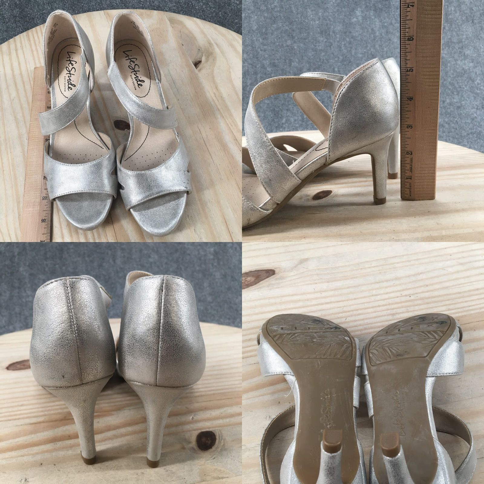 Vintage Lifestride Heels Womens 6.5 M Mega Open Toe Pumps Silver Faux Leather Slip On Pump Womens Casual Open Toe Silver Lifestride Heels Mens? Size US 7 / IT 37 - 8 Thumbnail