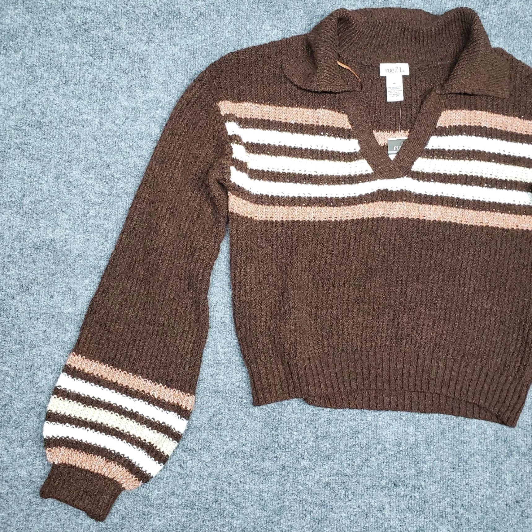 Vintage Rue21 Sweater Womens M Brown Striped Collared Ribbed Knit Pullover New Size M / US 6-8 / IT 42-44 - 3 Thumbnail