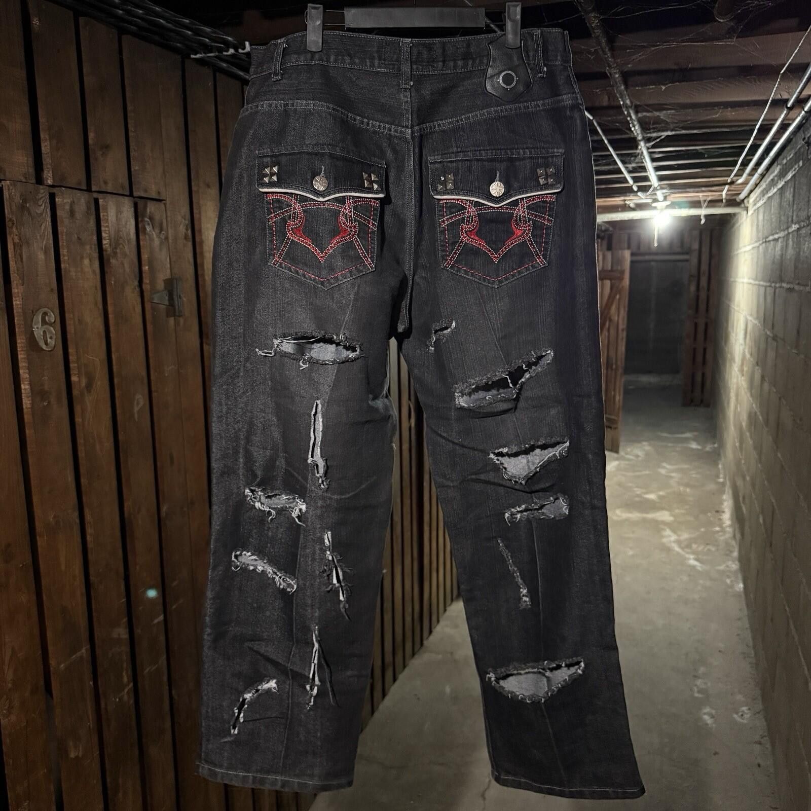 Other Y2K Red Ape Distressed Black Baggy Jeans Mens 36 Embroidered Size US 36 / EU 52 - 1 Thumbnail