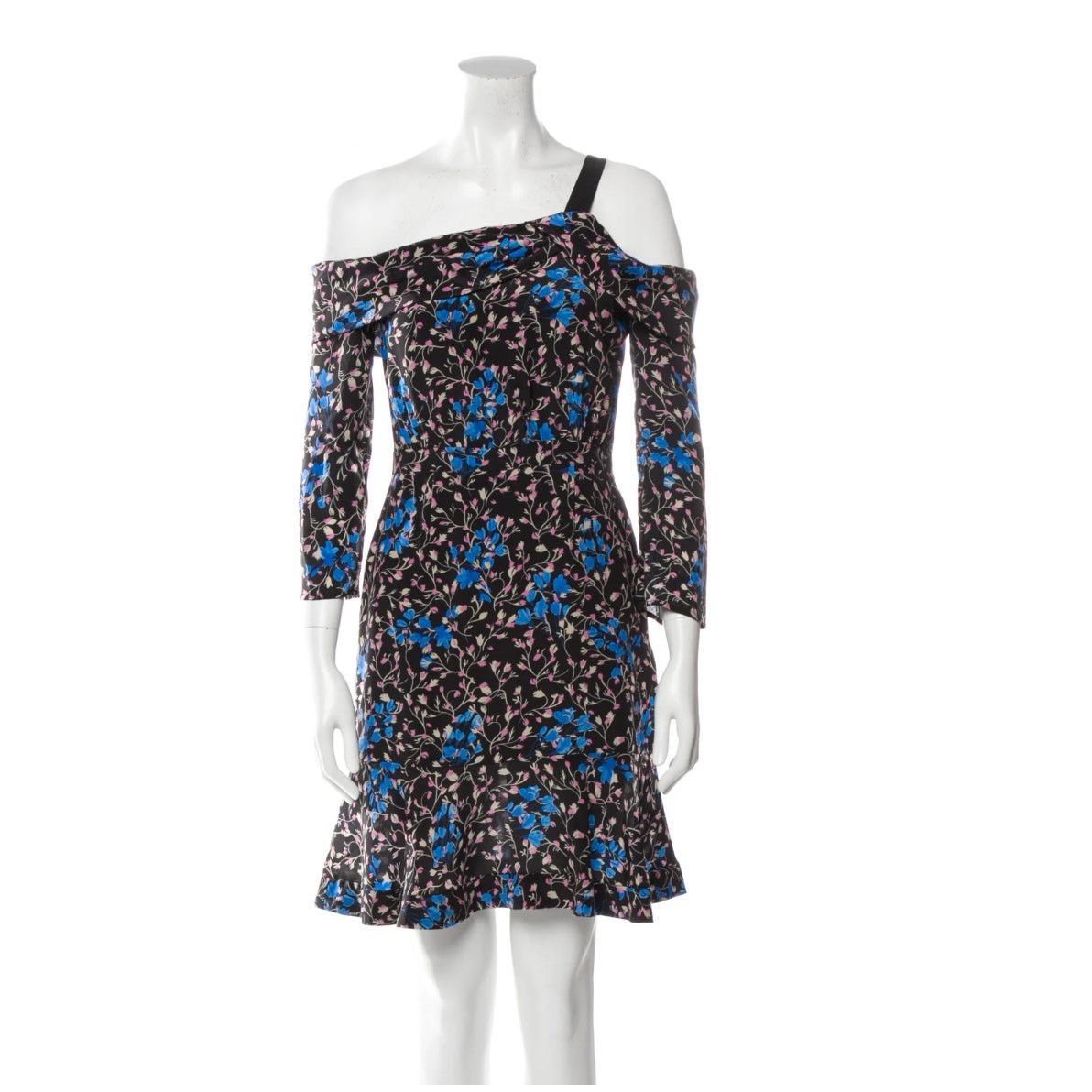 image of Saloni Off The Shoulder Floral Ruffle Long Sleeve Mini Dress in Blue, Women's (Size XS)