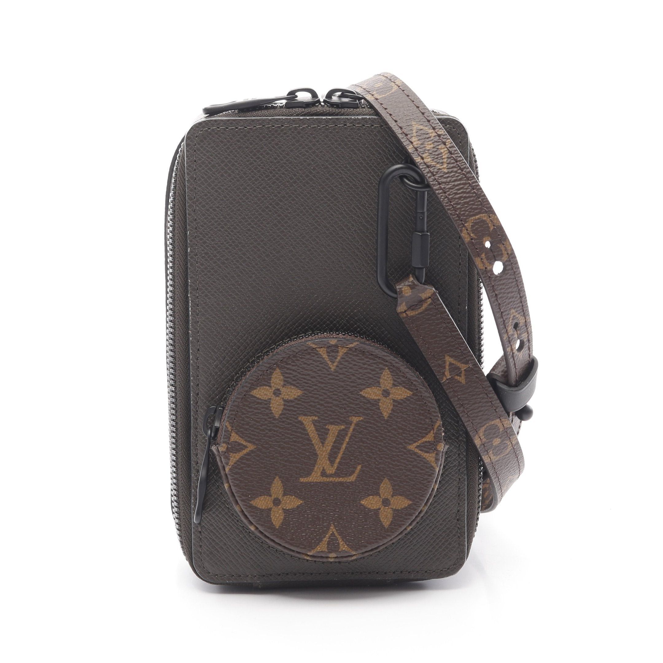 Louis Vuitton Phone Box Monogram Taiga Shoulder Bag Leather Brown Dark Gray in Black, Women's