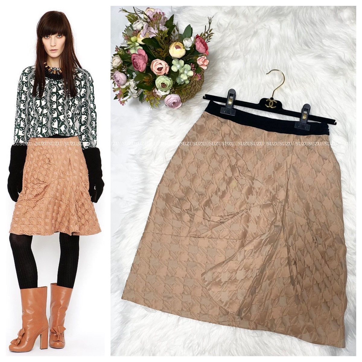 image of Marni Houndstooth Twisted Skirt 38 Glossy Beige Orange in Dark Beige, Women's (Size 26)