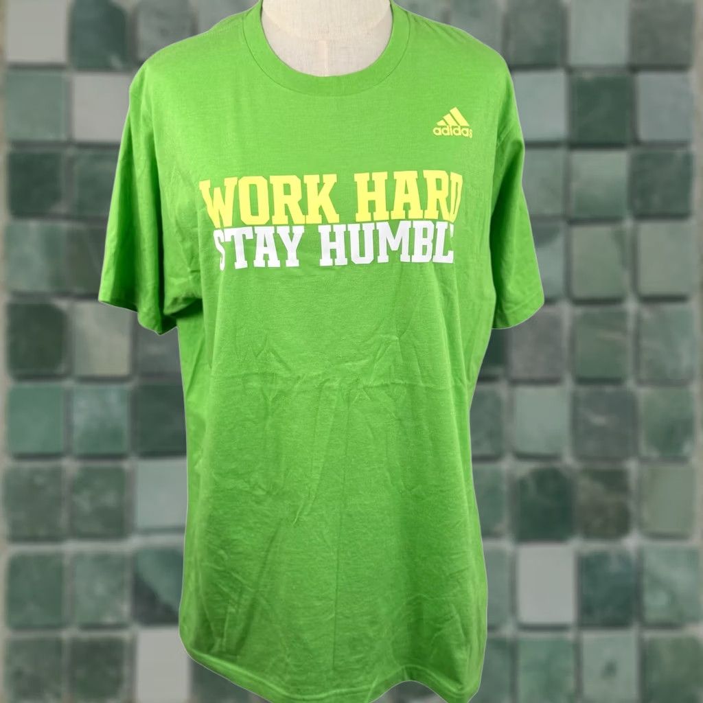 Adidas Adidas Mens Large T Shirt Lime Green Work Hard Stay Humble Graphic Motivational Size US L / EU 52-54 / 3 - 1 Thumbnail