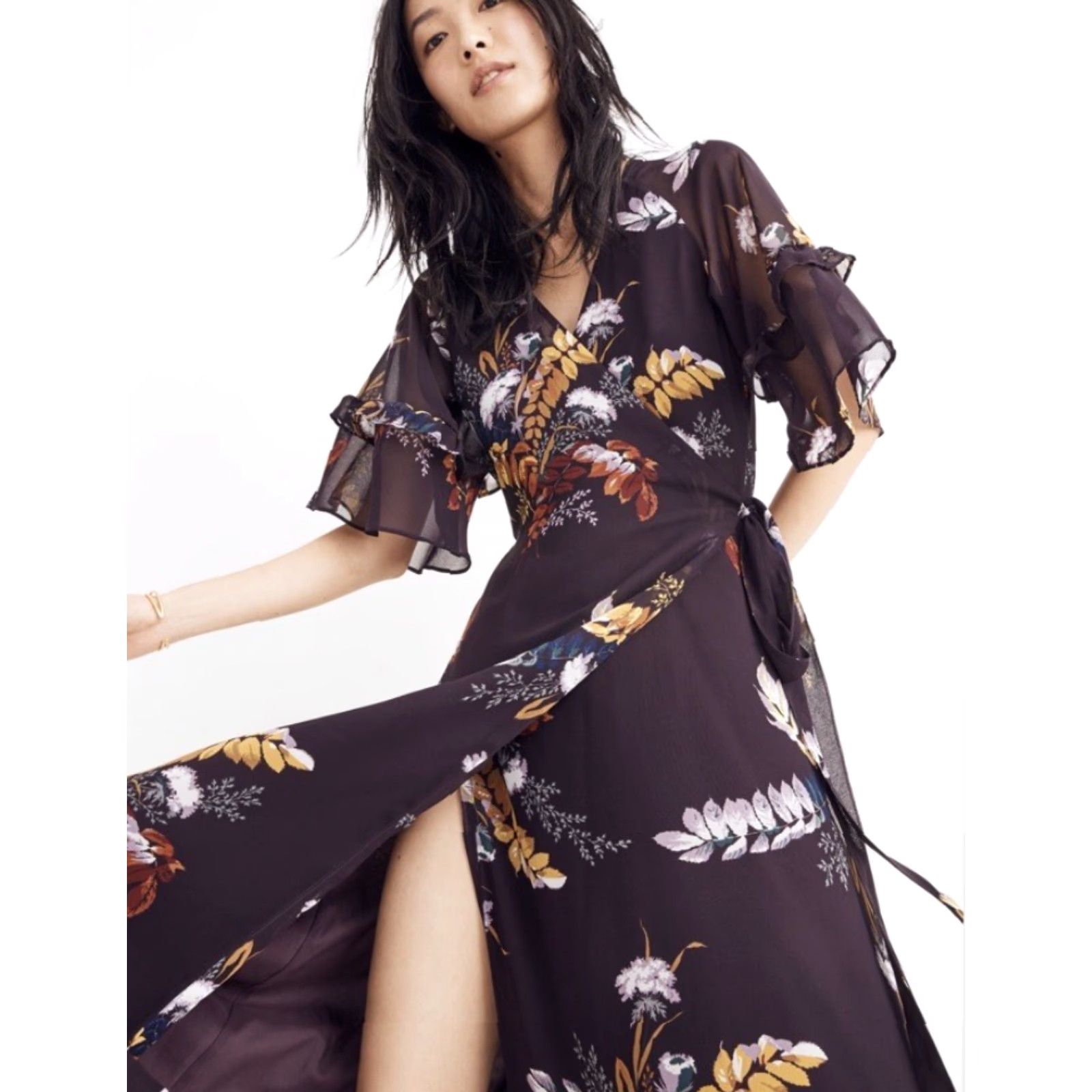 Madewell NWT Madewell Women's Vervain Ruffle Sleeve Wrap Dress Blooming Oasis Midi Purple M Womens Size M / US 6-8 / IT 42-44 - 2 Thumbnail