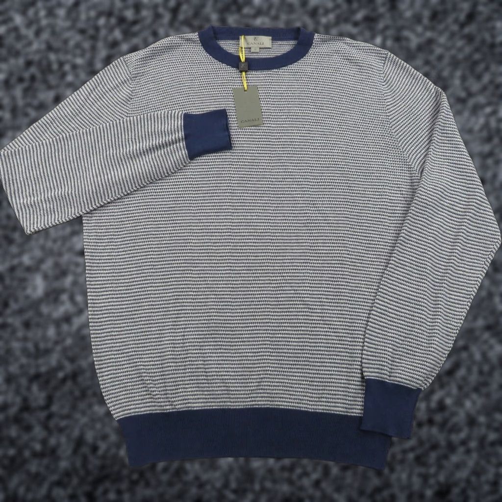 Canali Sweater Mens 54 Navy White Birdseye 1934 Long Sleeve Lightweight Pullover