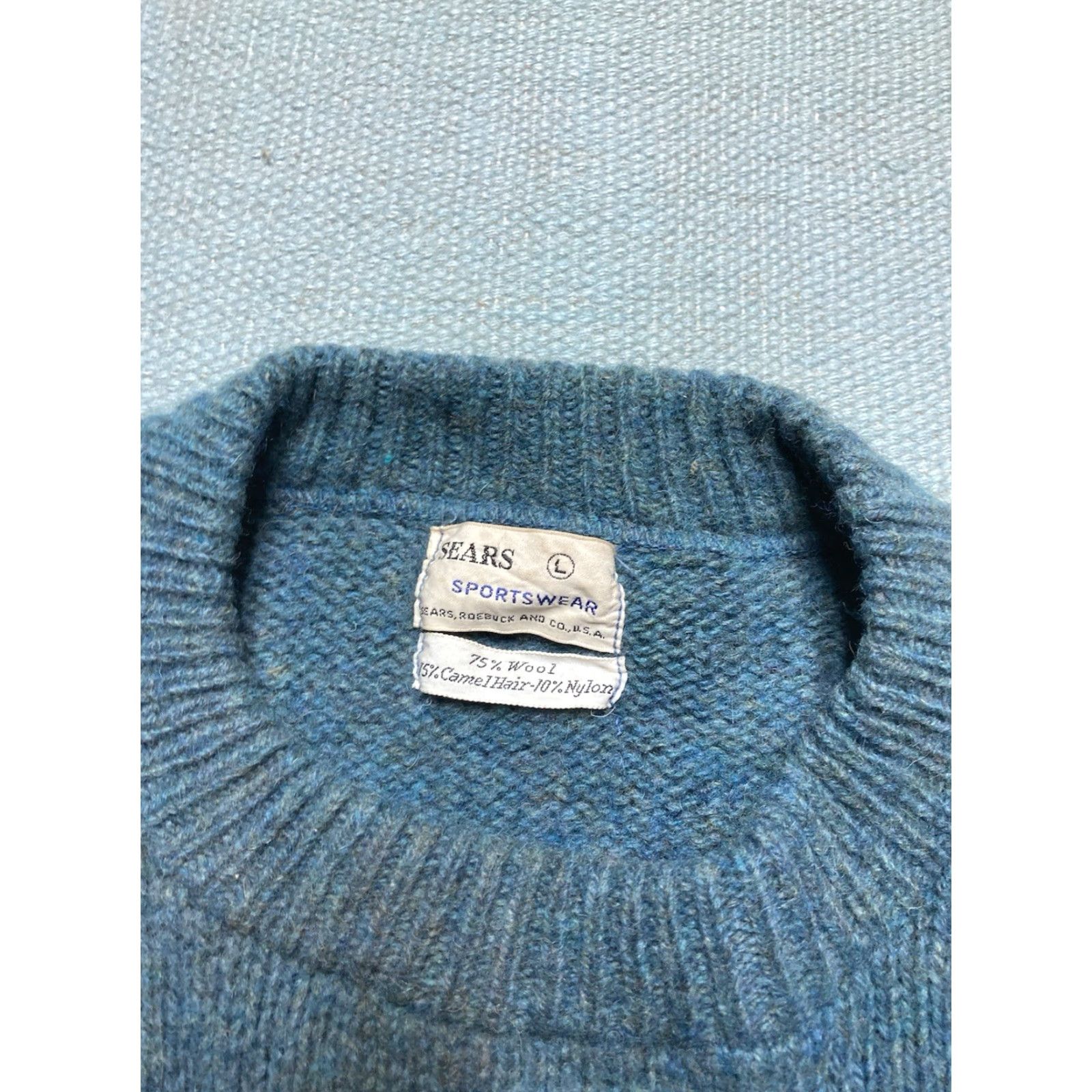 Vintage VINTAGE 50s 60s Knit Sweater Sears Wool Camel Blend Distressed Blue Large Size US L / EU 52-54 / 3 - 4 Thumbnail