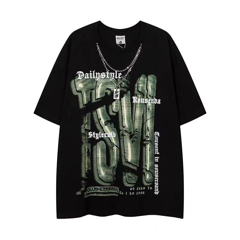 Gothic Letter Graffiti Cross Necklace Short Sleeve T-Shirt