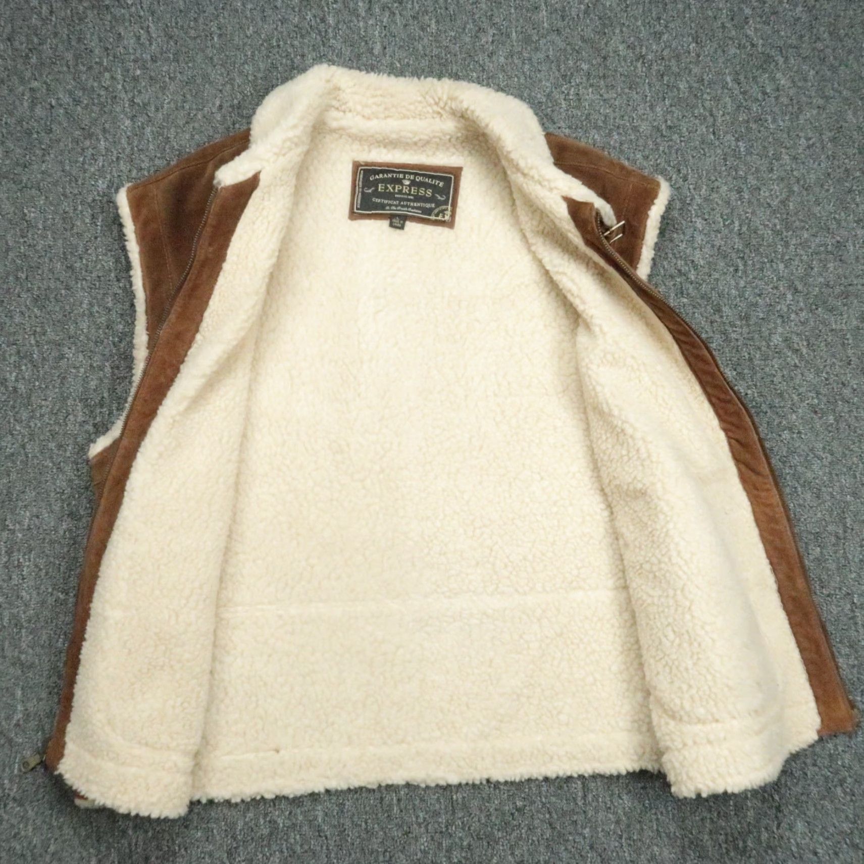 Express Express Vest Mens L Brown Pig Split Leather Suede Full Zip Sherpa Lined Size US L / EU 52-54 / 3 - 4 Thumbnail